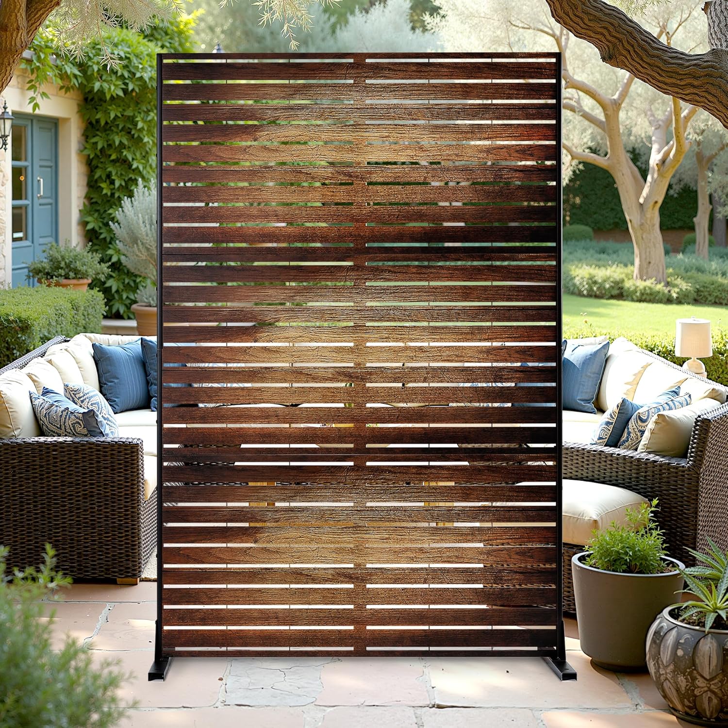 FENCY Outdoor Privacy Screen, 72" H47" W Metal Patio Privacy Screen, Freestanding Decorative for Deck Balcony Patio Vintage Wood Color