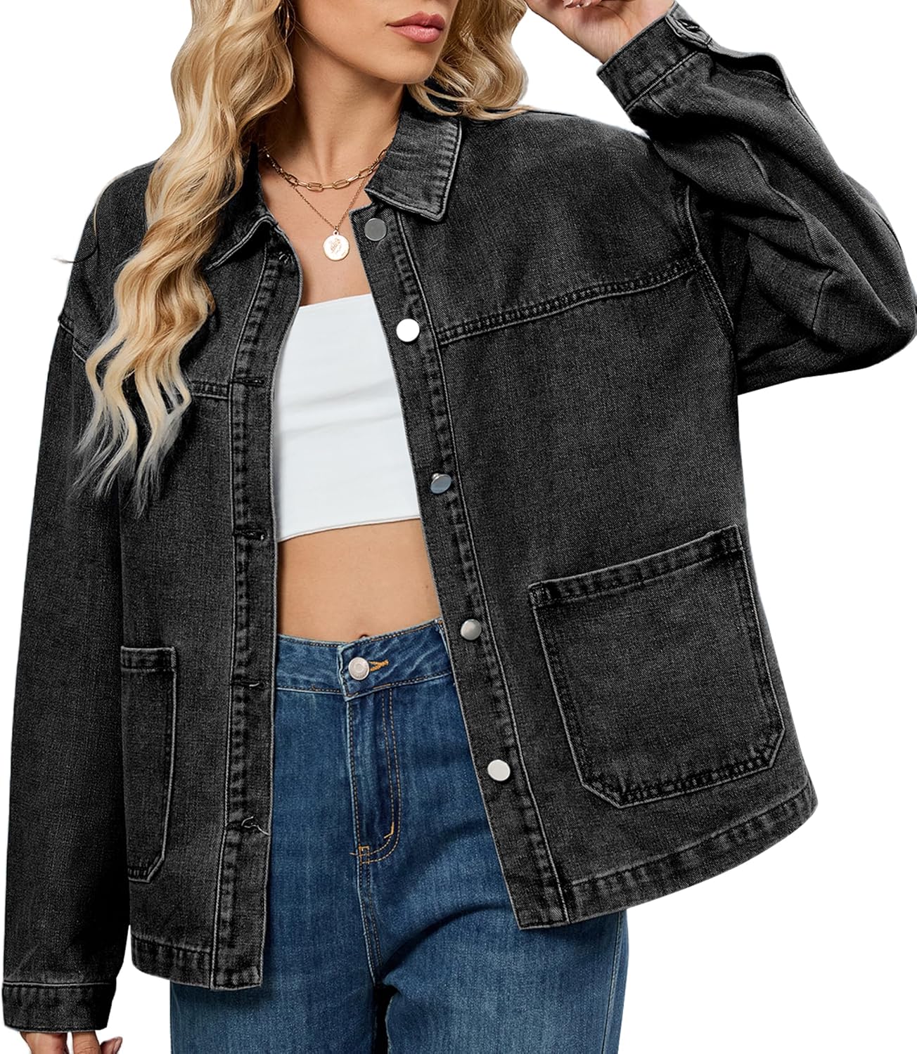 ZILIN Womens Jean Denim Jacket Long Sleeve Button Down Shirts Oversized Trendy Coat Fall Fashion Winter Clothes with Pockets - Image 2