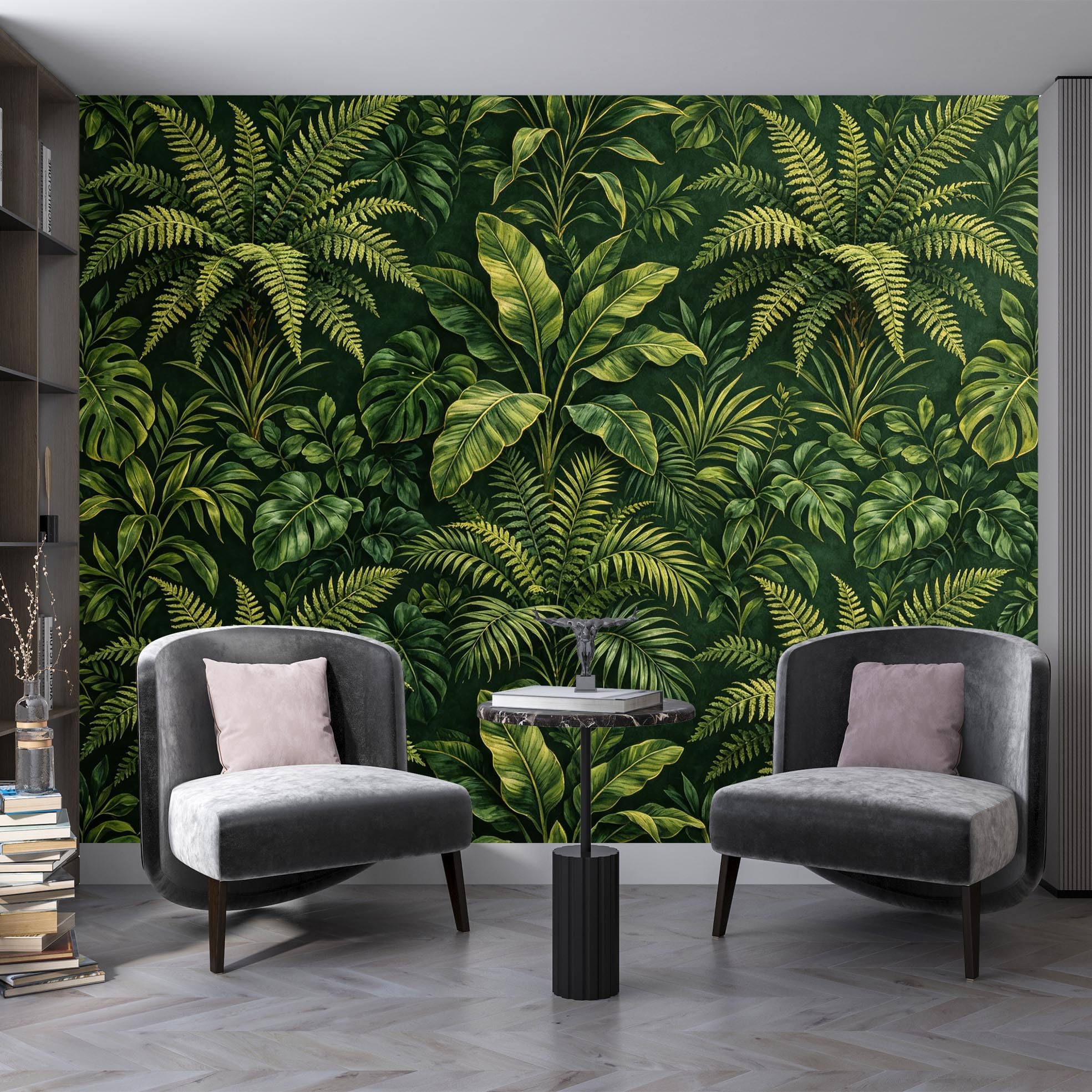 Jungle murale et feuilles de palmier pour un salon cocooning