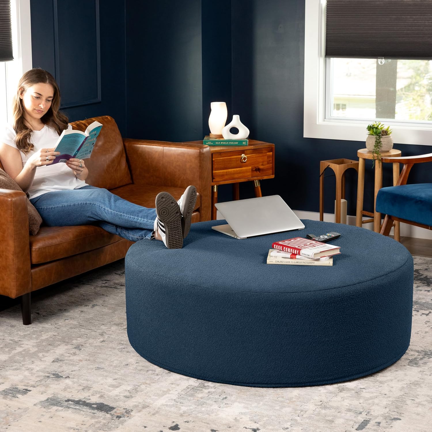 Jaxx Candler Round Couch Ottoman – Oversized Giant Coffee Table Ottoman - Versatile Firm Foam Construction - Kid Safe with Removable Cover, 44”, Luxe Boucle, Boucle Navy