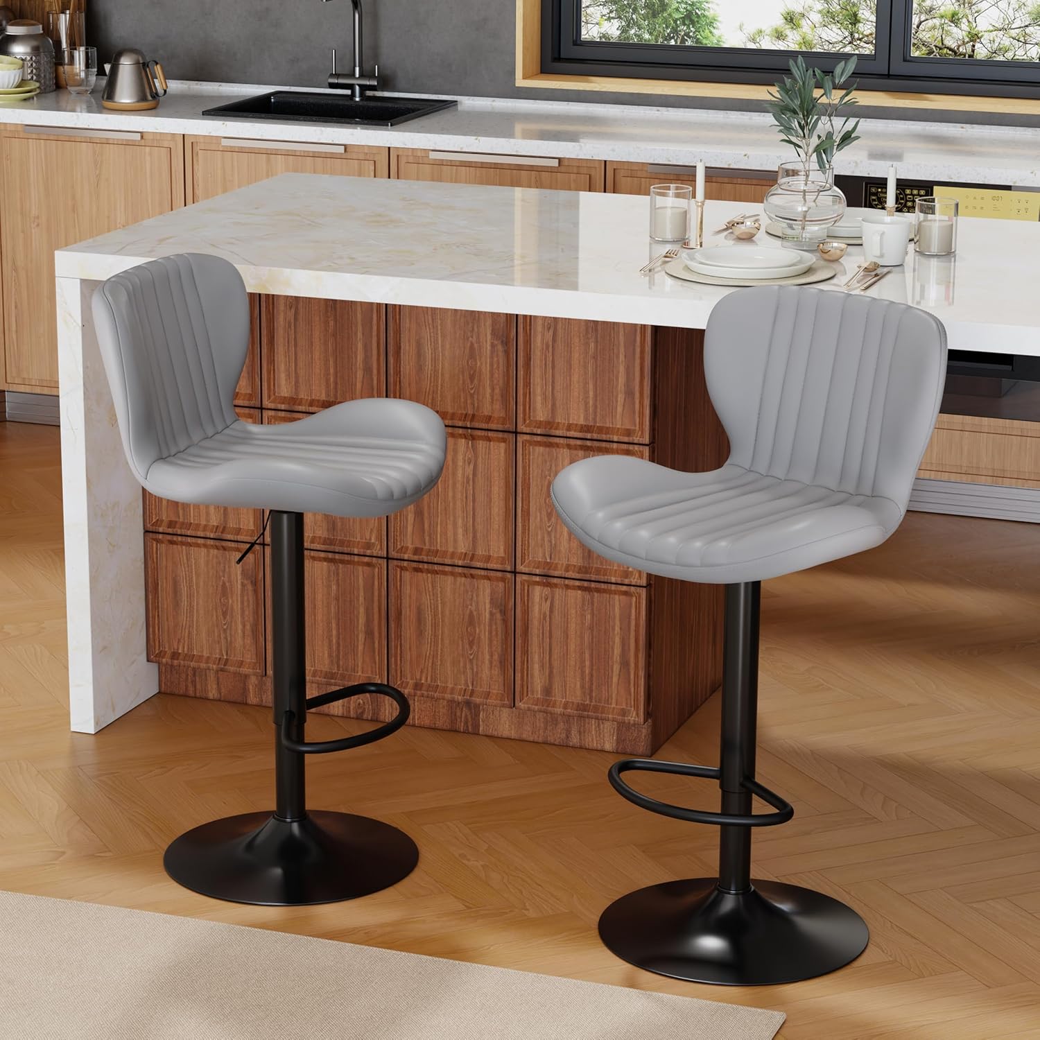 Shintenchi Bar Stools Set of 2 Modern Swivel Bar Chairs, Counter Height Faux Leather Metal Barstools, Upholstered Island Chairs with Back and Footrest, Grey