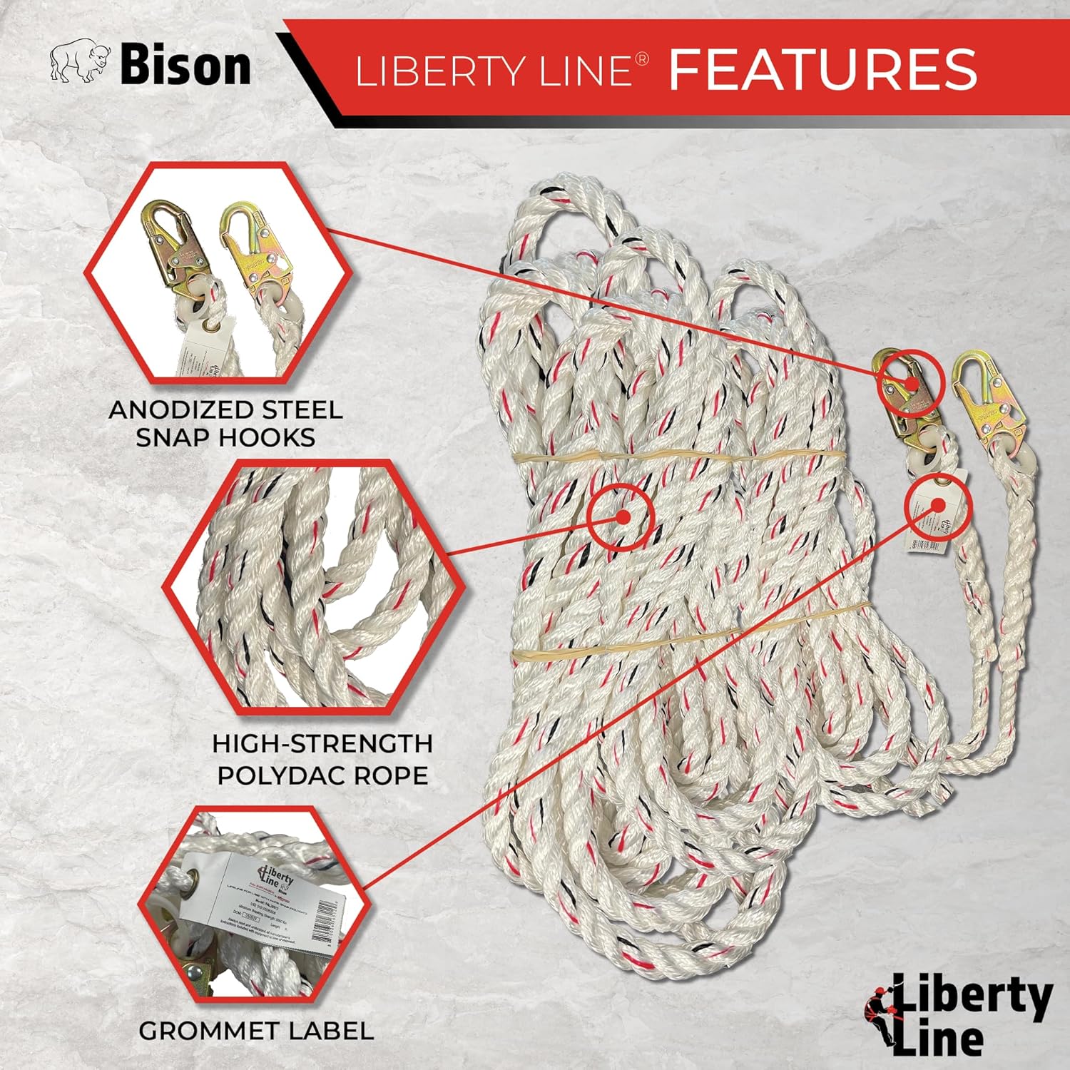 Liberty Line Bison 200 Foot Vertical White Polydac Rope Lifeline with Snap Hooks at Both Ends
