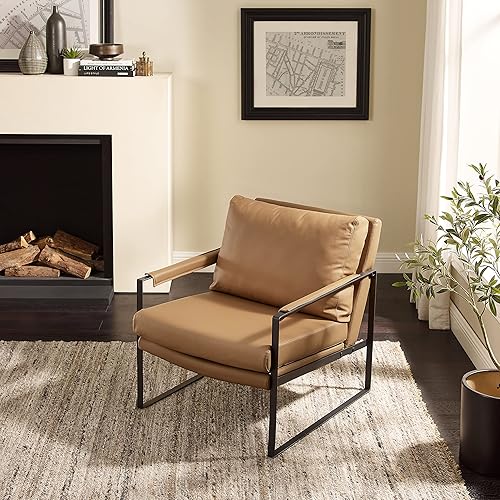 Miniatura 8 de Art Leon Silla decorativa de cuero genuino, silla moderna de mediados de siglo, sillón con patas de metal negro, silla lateral individual para sala