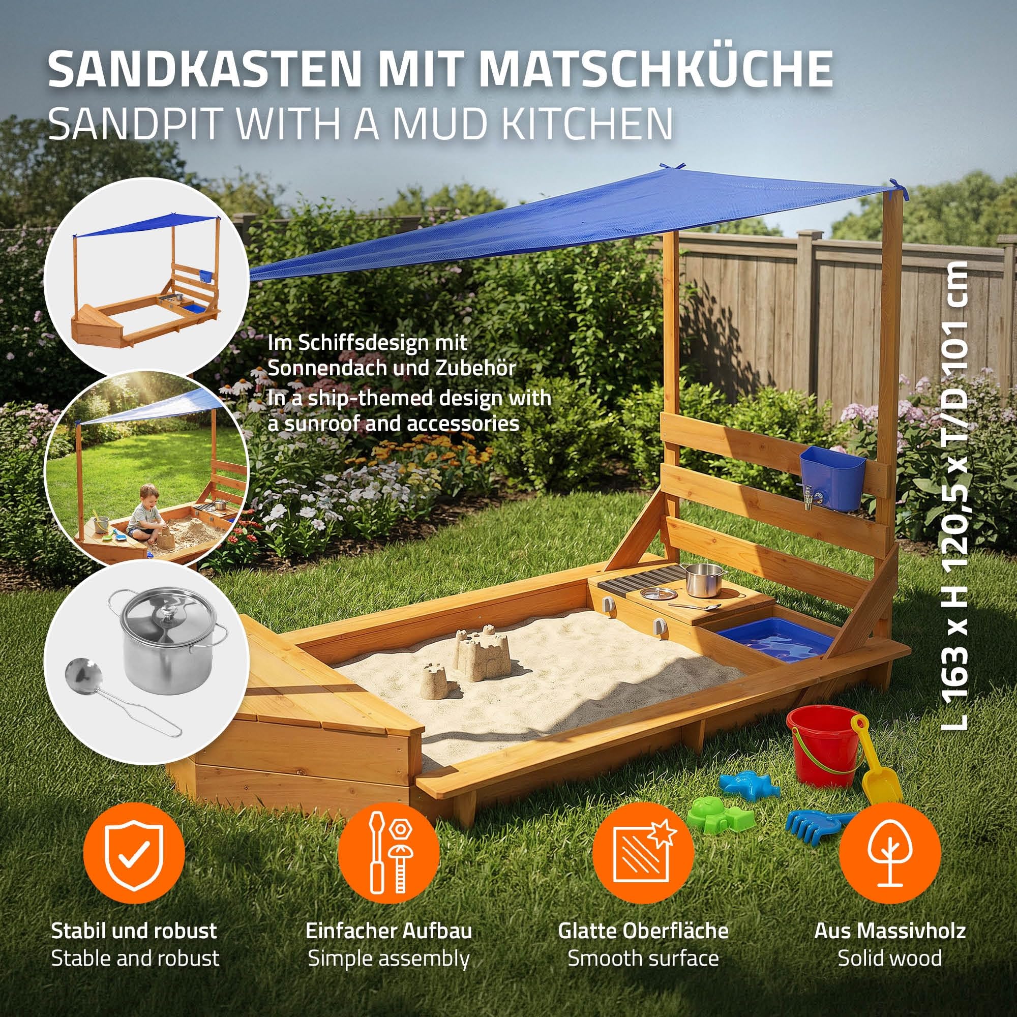 ML-Design Sabbiera Bambini con Tetto, Forma di Nave, Sabbionaia da Esterno in Legno Massiccio, 2 Panchine, Cucina e Accessori, Protezione dai Raggi UV e Bordi Sicuri, Giochi da Giardino 101x163 cm