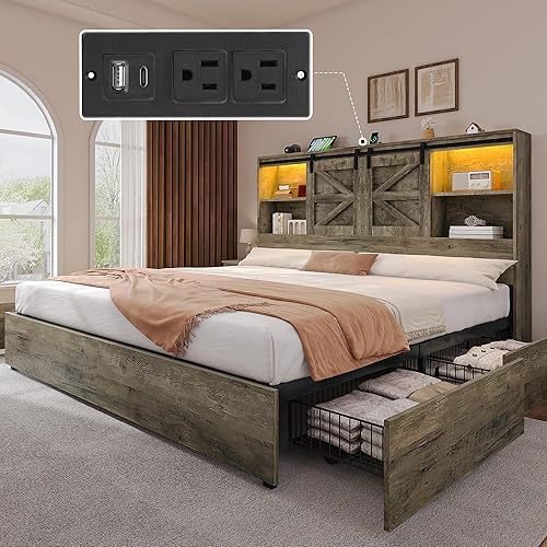 YITAHOME Farmhouse King Size Bed Frame with Storage Bookcase Headboard, Sliding Barn Door, 4 Storage Drawers, RGB LED Bed Frame with USB Charging Station, No Box Spring Needed, Cement Grey