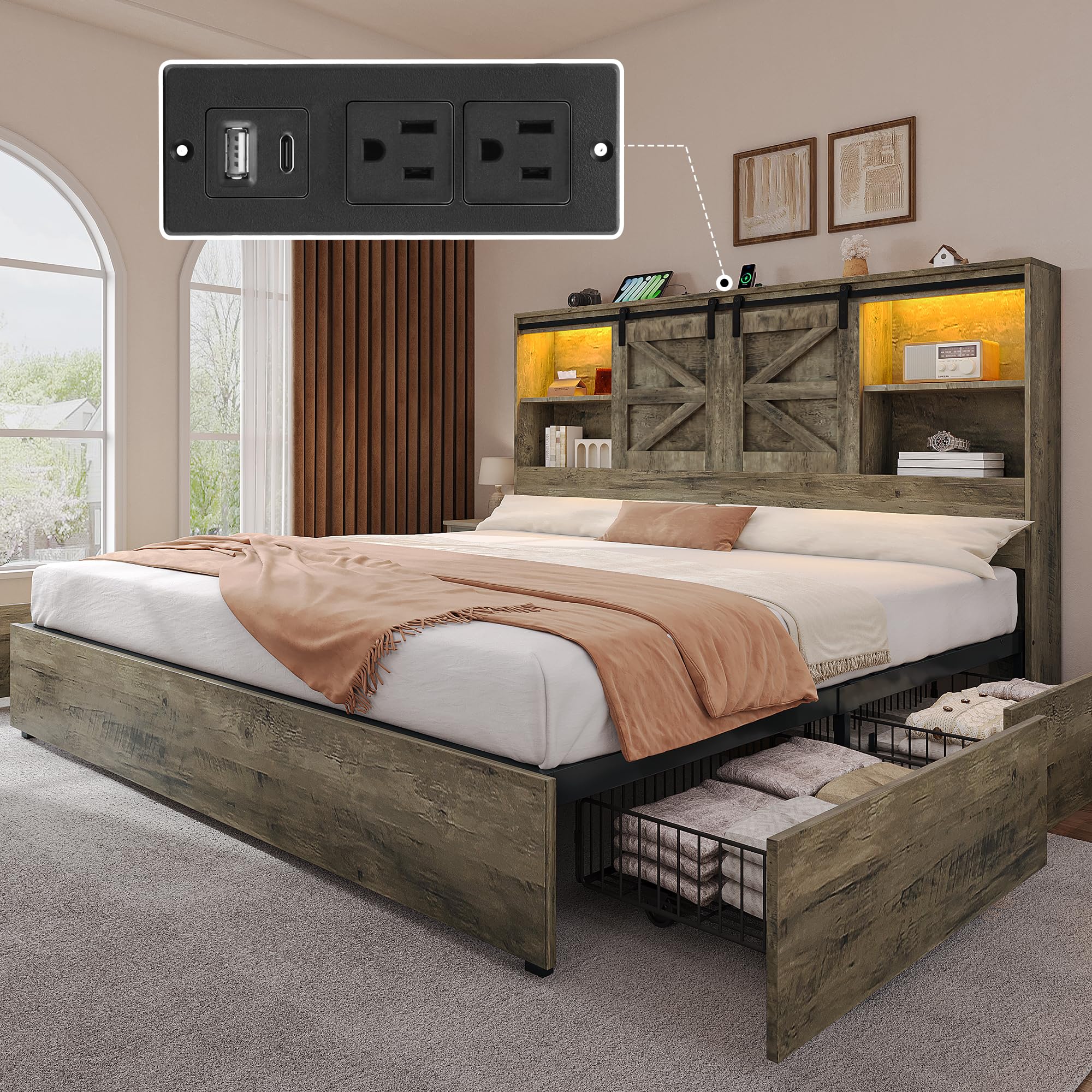 Photo 1 of missing parts----------------------------------YITAHOME Farmhouse King Size Bed Frame with Storage Bookcase Headboard, Sliding Barn Door, 4 Storage Drawers, RGB LED Bed Frame with USB Charging Station, No Box Spring Needed, Cement Grey