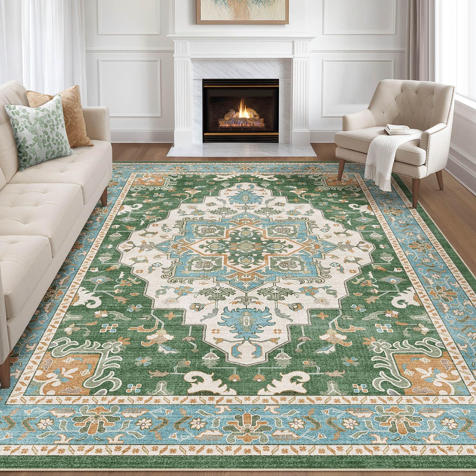 LOONGRUG 8x10 Area Rugs Washable Vintage Boho Living Room Rug Green Multi