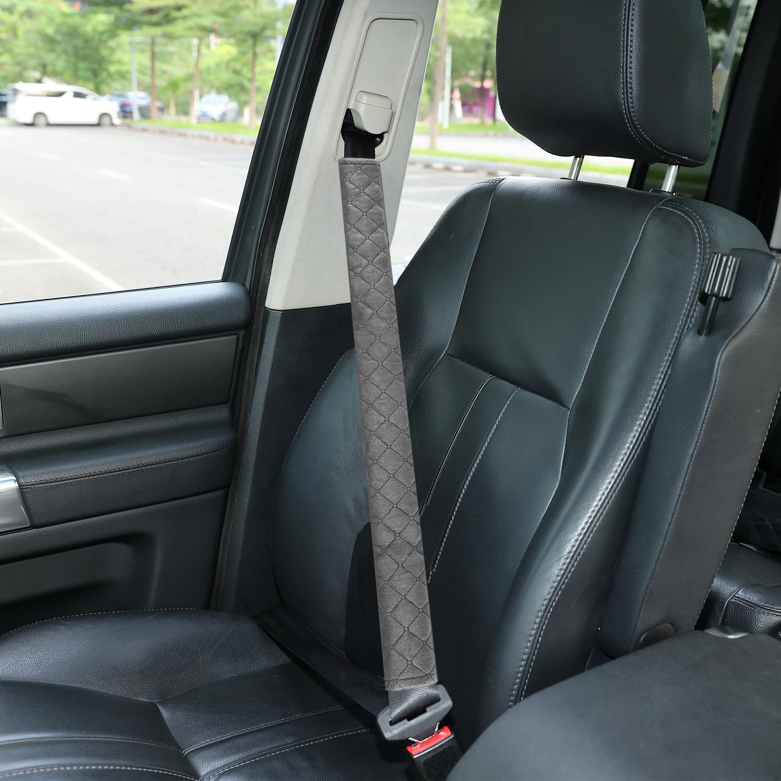 Amooca Soft Automotive Seat Belt Cover Seatbelt Shoulder Pad Neck Protector Cushions Universal Fit SUV Trucks Backpack Dark Grey Extra Long 25.6in