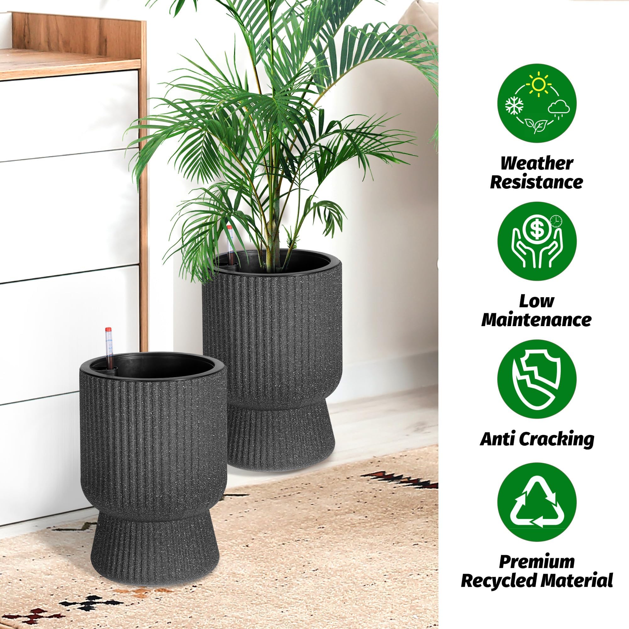 Garvee Lot de 2 Grands Pots de Fleurs 36 cm Auto-irrigants – Drainage & indicateur de Niveau d’Eau – Idéal intérieur, terrasse, Balcon, Bureau – Noir, Sandblasting