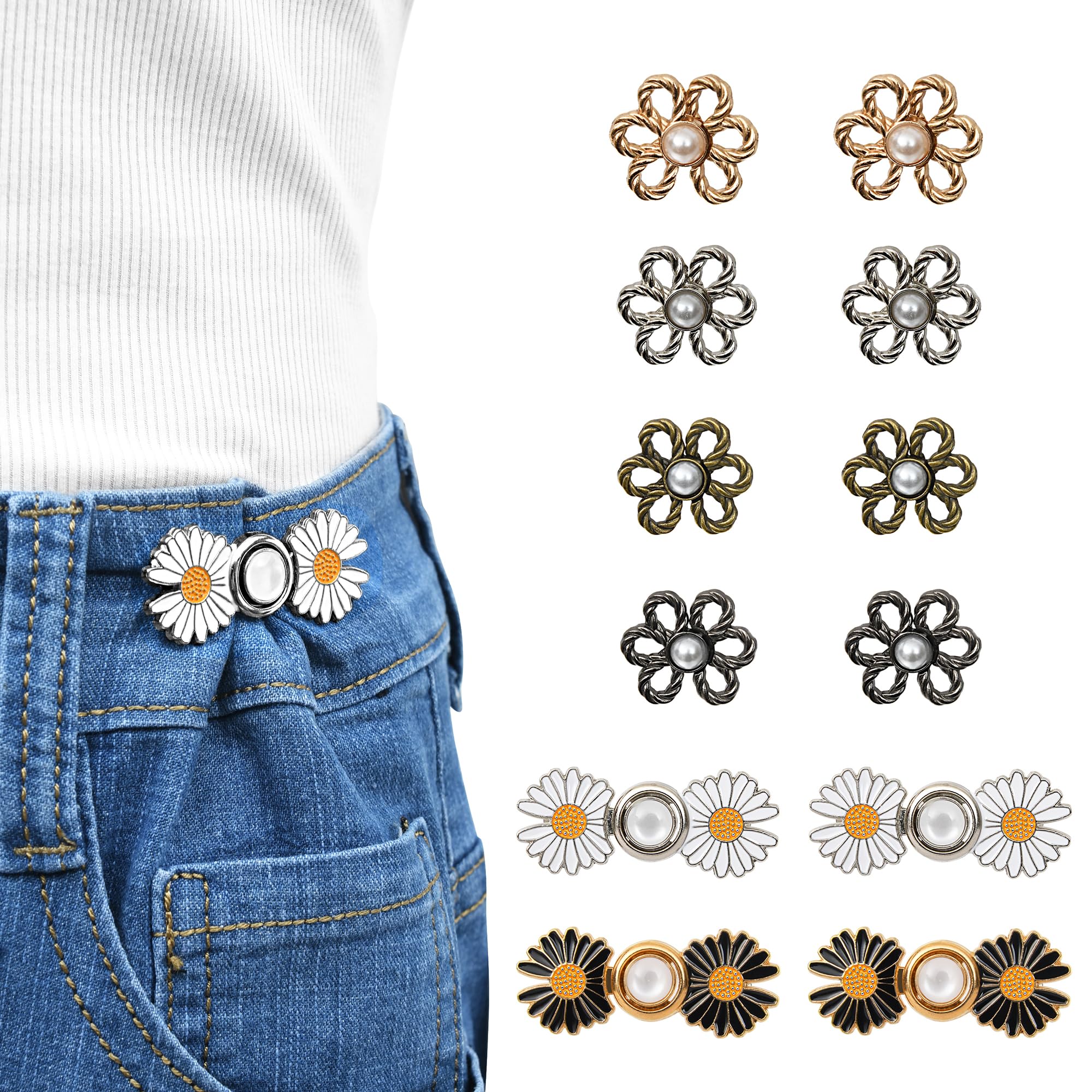 12PCS Pant Waist Tightener, Adjustable Waist Tightener Kit for Jeans,Skirts,Floral Design Elastic Belt Alternative, No-Sew Button Fastener, Reusable Pants Fitter, Instant Waistband Reducer