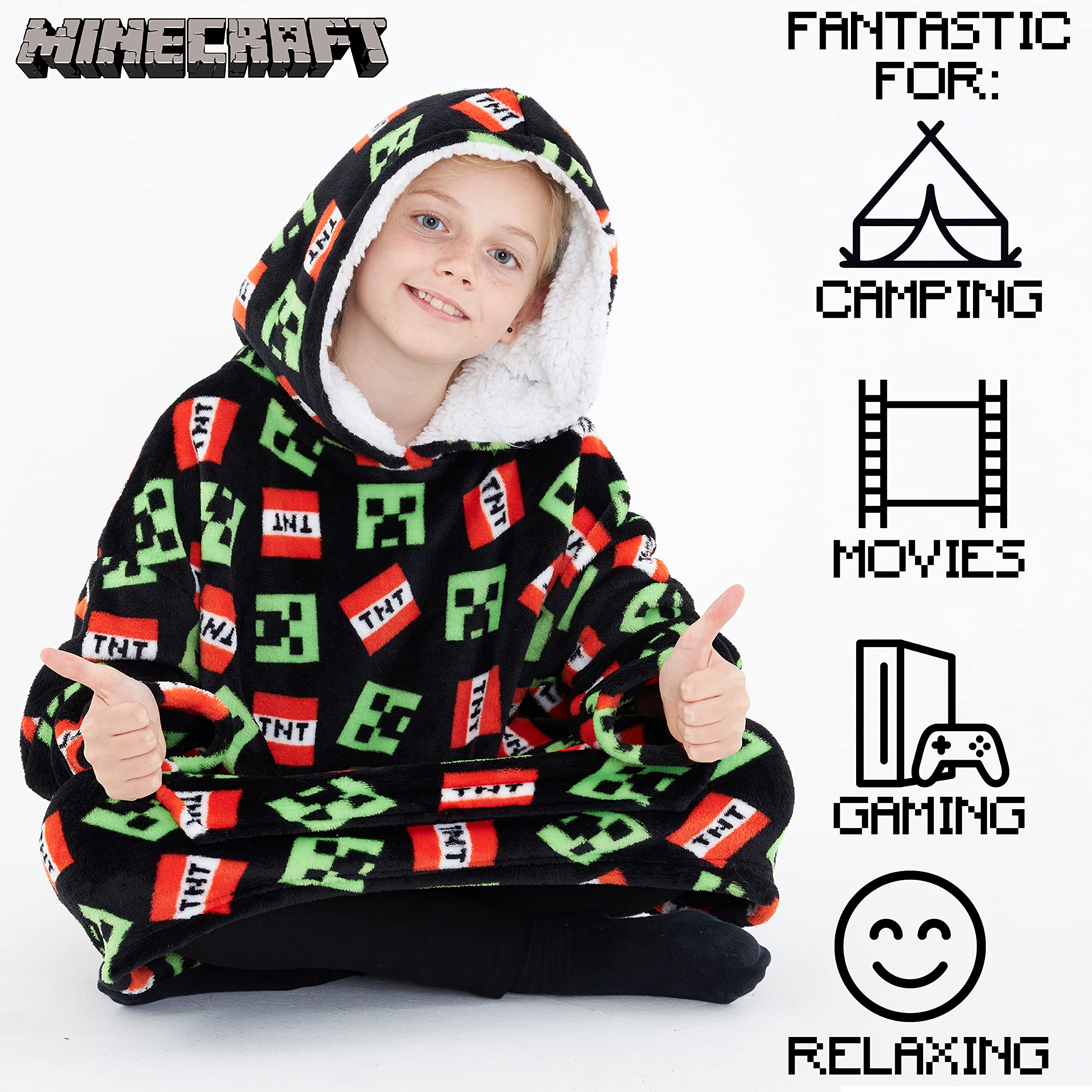 MINECRAFT Felpa Bambino - Coperta Felpa Oversize in Pile con Cappuccio Gadget Regalo Originale (Multicolore)
