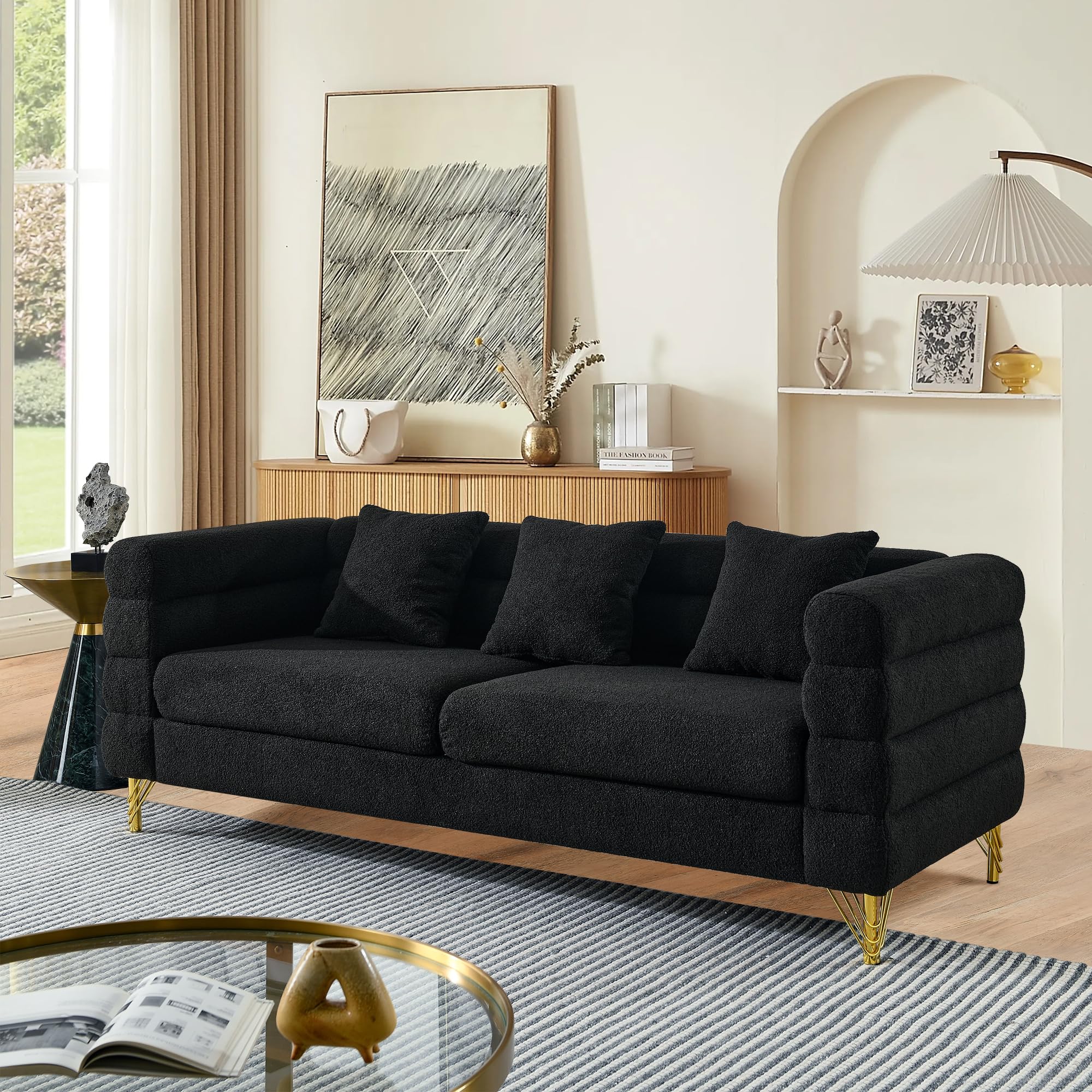 mikibama Modern Teddy Sectional Sofa, 81 Inch Oversized Sofa Couch, Luxury 3 Seater Deep Couch with 3 Pillows and Gold Metal Legs for Living Room,
