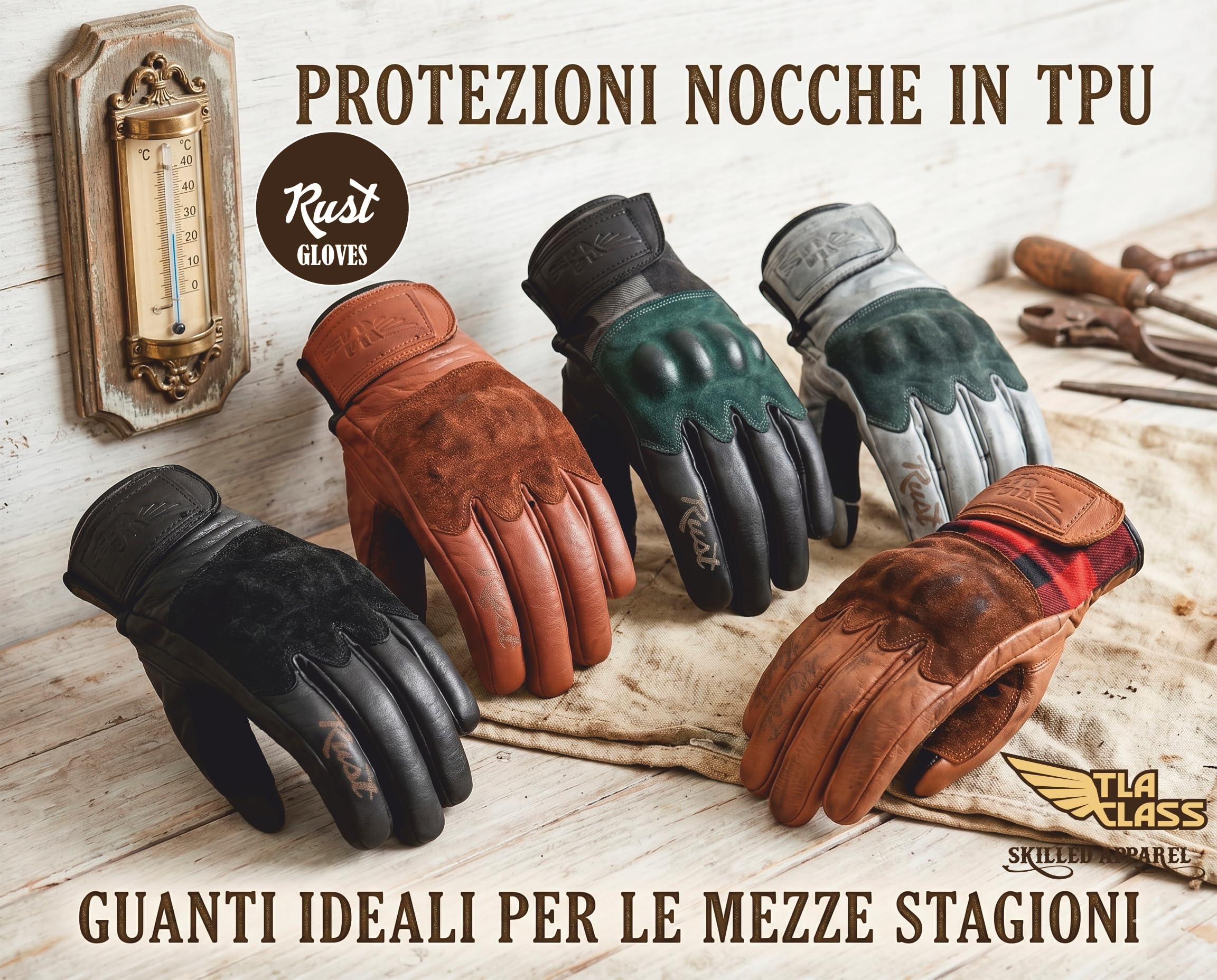 TLA RUST Guanti moto in pelle vintage con protezioni nocche omologati CE, 2XS a 4XL uomo e donna, Guanti da moto, scooter, racing, touchscreen, alta protezione all'impatto.