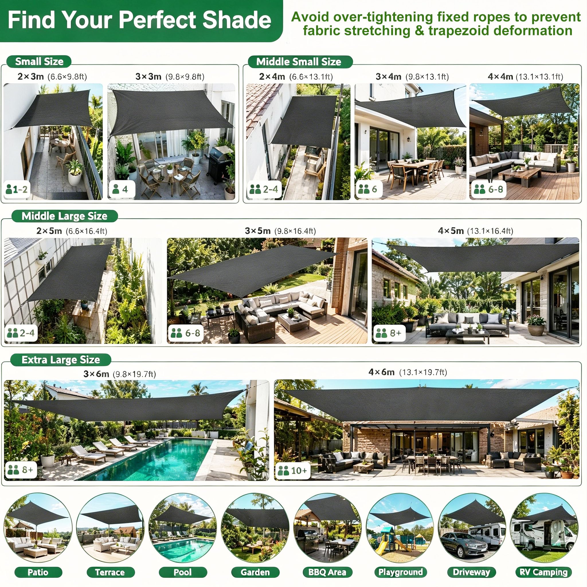 Tenda da sole da giardino, 4 x 6 m, rettangolare, in tela con occhielli e 12 m, resistente al vento, rete ombreggiante in HDPE da 150 g/m², protezione dai raggi UV, per terrazza, balcone