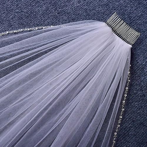 Miniatura 6 de HONGMEI Velo de novia para novias hecho a mano con borde de cuentas de cristal 1 nivel velo de novia con peine