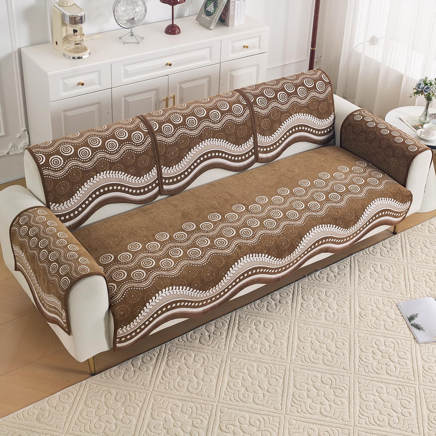 HOKIPO Complete (Seat+Back+Arm) Sofa Mat Set for 3 Seater Sofa |Premium Chenille Sofa Covers with Curve Edges, 'Serene Curve Series' - Flowy Swirl (IN-997+1002+1001 * 2 - D1)-image-49