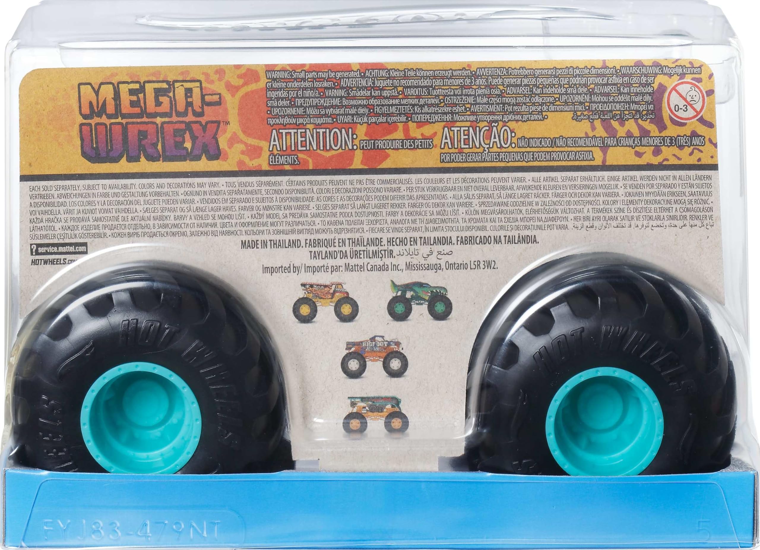 Hot Wheels Monster Trucks MEGA WREX Duży metalowy pojazd zabawka w skali 1:24 z wielkimi kołami i wyjątkowymi wzorami, samochód dla dzieci, JDR03