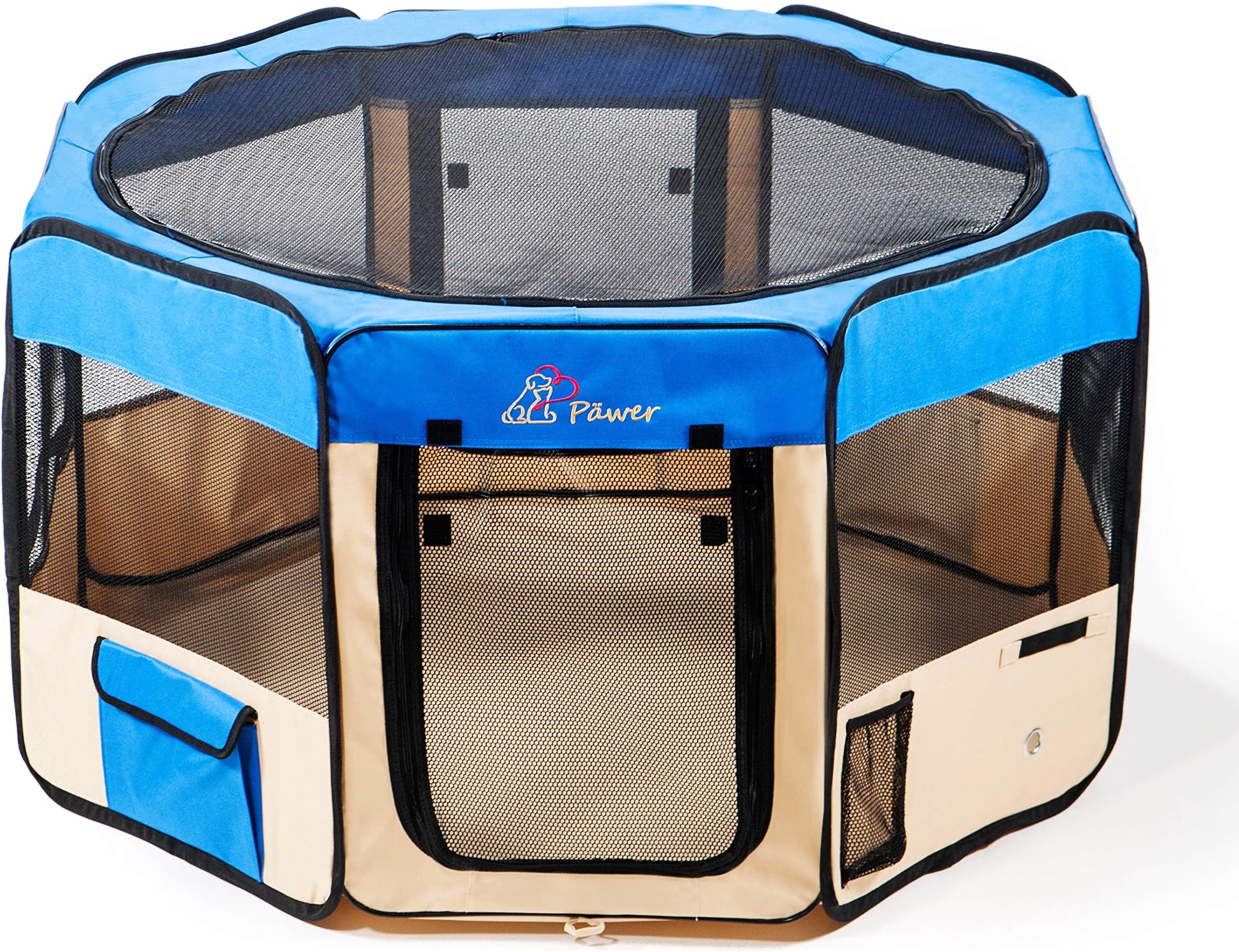 Pawer 36”×18.5” 8-Panel Foldable Pet Playpen, for Small Medium Cat/Dog/Puppy, Blue+Beige, 600D Oxford Cloth Portable Indoor & Outdoor Kennel with Carry Bag, Multiple Sizes & Colors Available