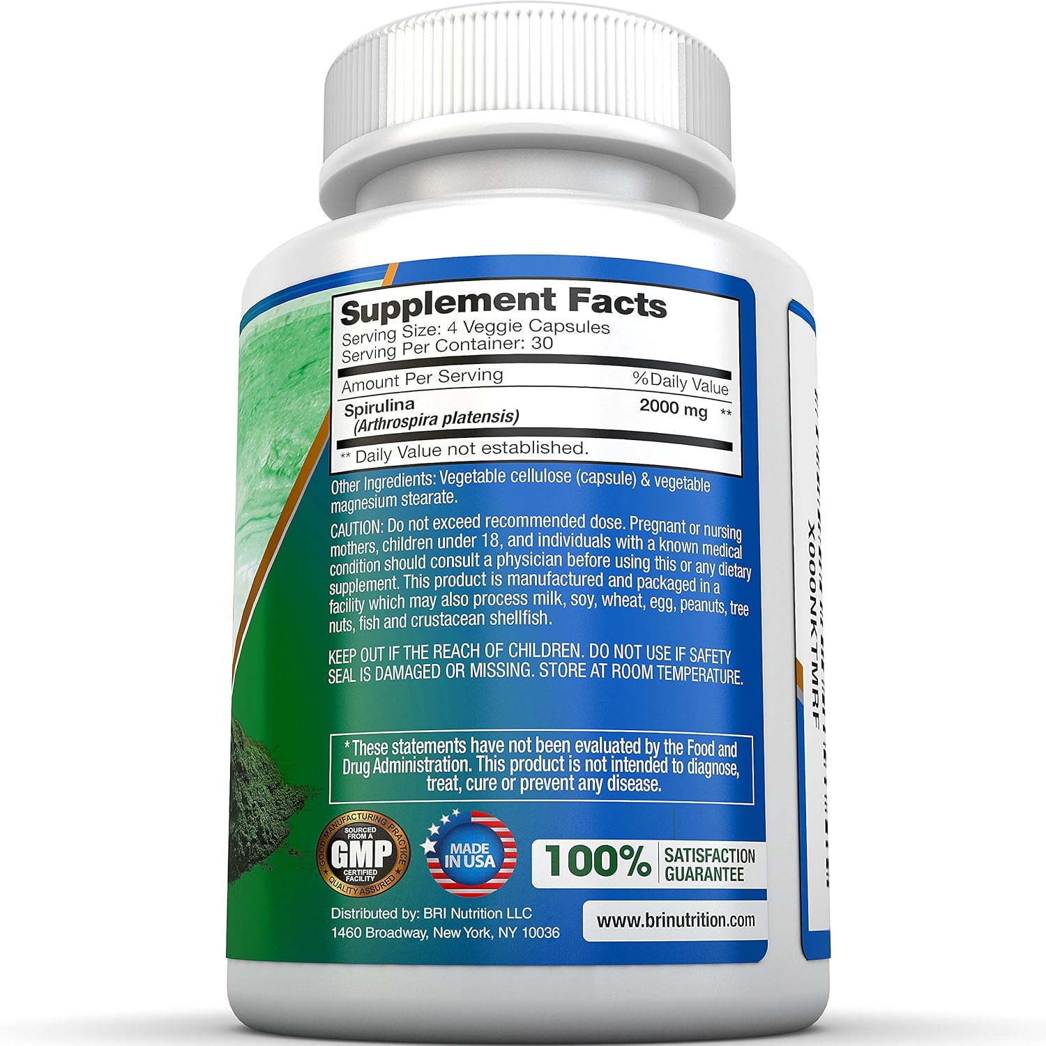 BRI Spirulina 2000mg Maximum Strength Premium Quality Spirulina Superfood Powder, Packed w Antioxidants, Protein and Vitamins in Easy to Swallow Vegetable Cellulose Capsules (120 Count) : Health & Household