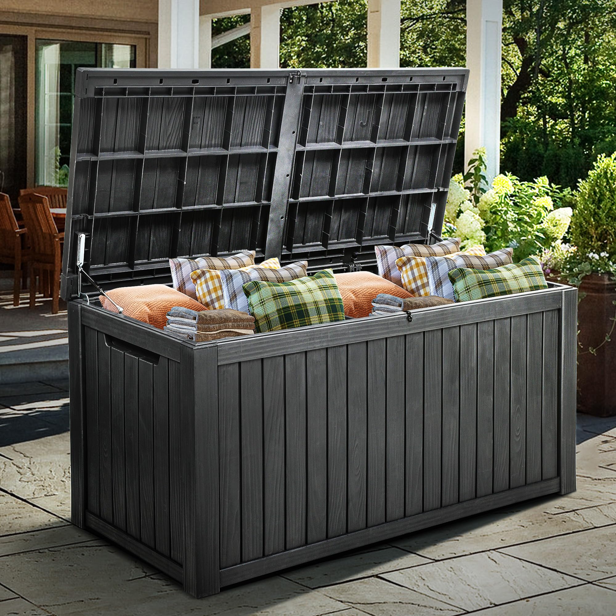 YITAHOME 180 Gallon XL Deck Box Large Outdoor Storage w/Divider for Patio Furniture,Outdoor Cushions, Garden Tools, Sports Equipment and Pool Supplies, Waterproof, Resin, Lockable, Black