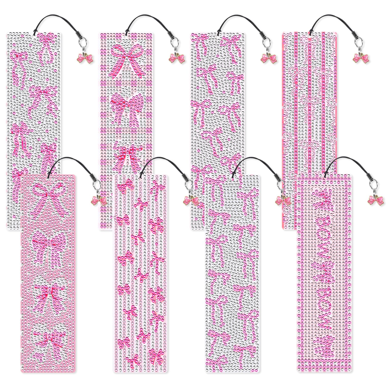 8PCS Pink Bow Diamond Art Bookmarks,5D Pink Bow Acrylic Bookmark, Tassel Bookmark DIY Making Beginner Children Adult Craft Supplies