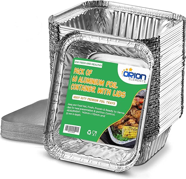 ORION ELEMENTS 60 Premium Small Disposable Aluminium Foil Trays Containers with lids Paper foil Lids 500ml. Best for Meal Prep Baking Food Storage Takeaway Tin (Pack of 60 with Paper Foil Lids)