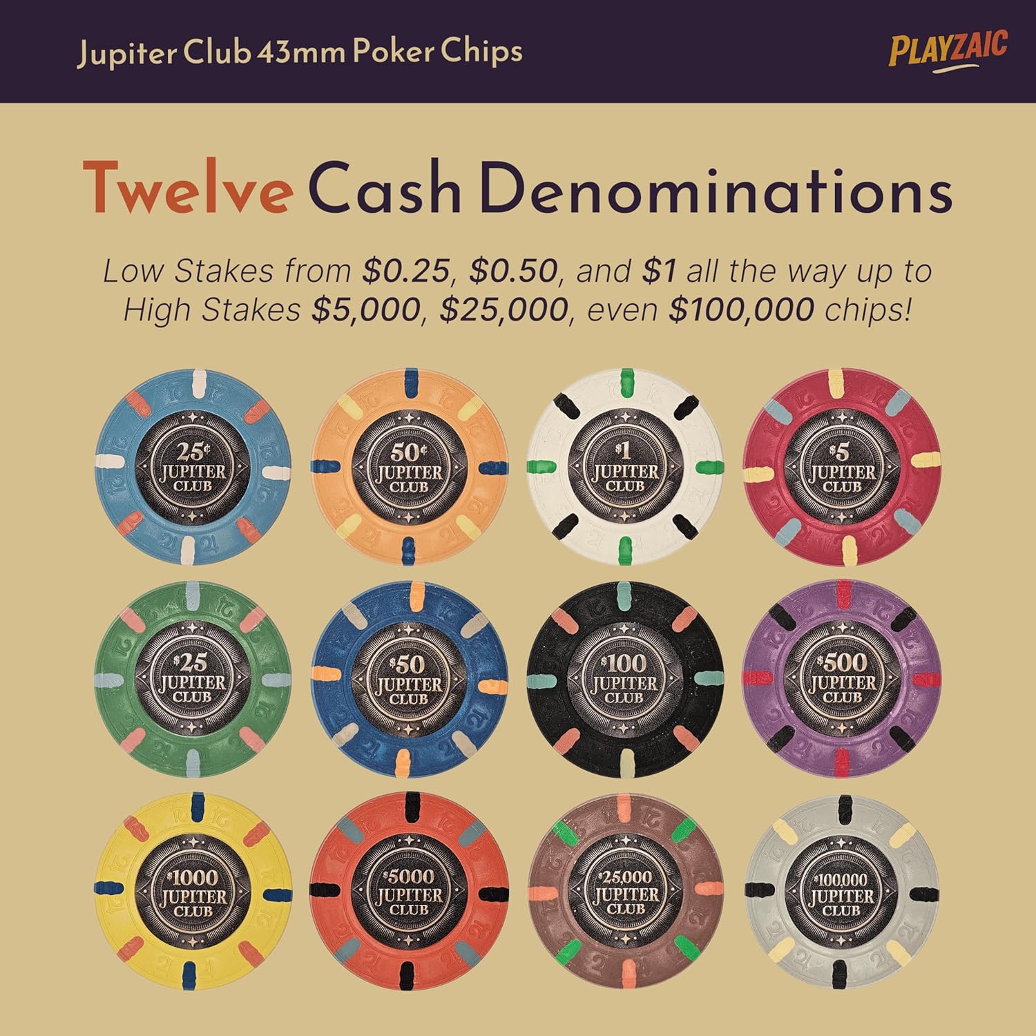 Jupiter Club 43mm Oversize Casino Clay Poker Chips | 11-gram XL Chips | 100% Clay Luxury Feel for Home Cash Games & High Stakes Tournaments | 100 Count (4 Rolls)