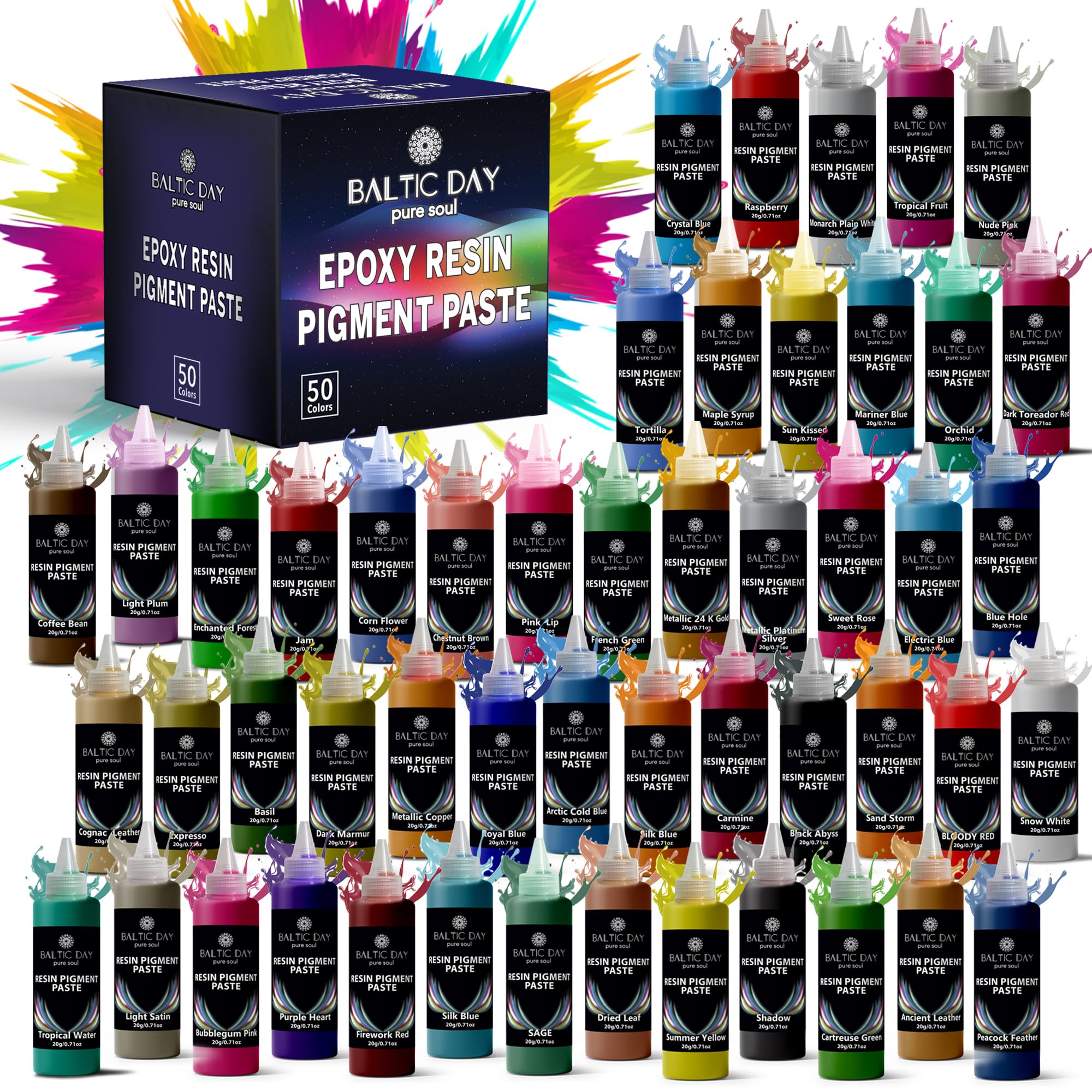 BALTIC DAY Lot de 50 pâtes pigmentées pour résine époxy – 20 g chacune, teinture opaque hautement concentrée pour résine époxy, coulée, bijoux, sous-verres, gobelets et art en résine