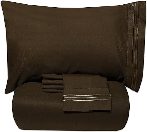 Sweet Home Collection - Lujoso juego de sábanas y edredón de 5 piezas de color sólido para cama en una bolsa Microfibra Marrón gemelo