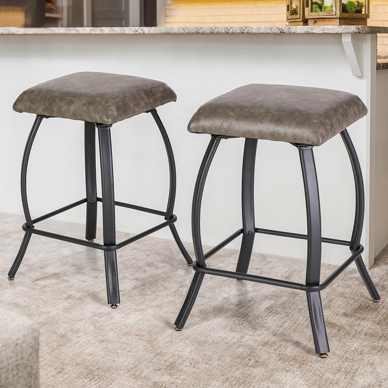 Sophia & William 26" Swivel Bar Stools Counter Height Square Bar Stools Set of 2,Lantern Leg Backless Bar Stool with Footrest, Upholstered Swivel Leather Seat Counter Stools,300lbs,Grey