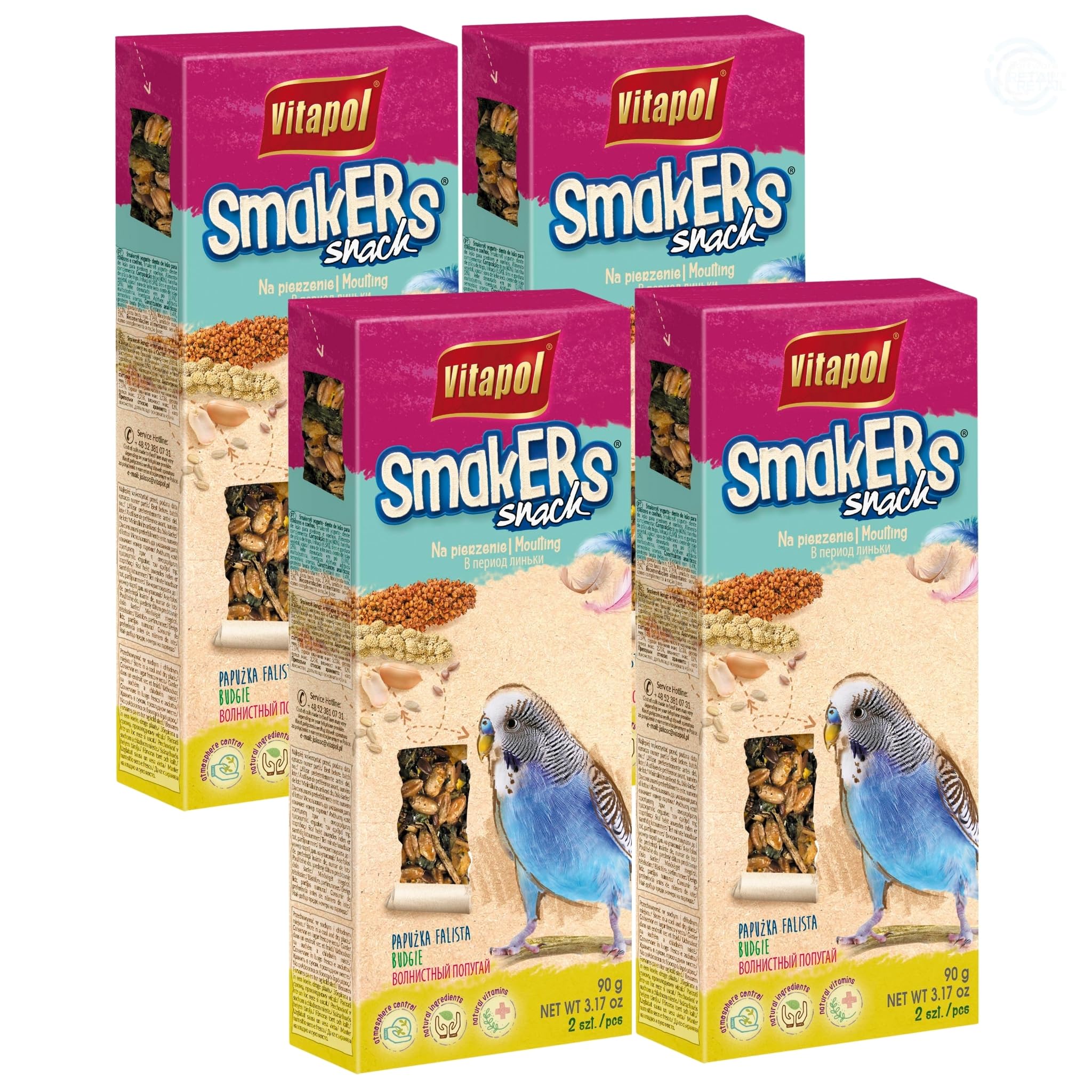 Vitapol Smakers® Parrot Treat Sticks – Variety of Snacks for Budgies, Cockatiels & Large Parrots | Natural Fruit, Egg, Honey, Seed | Vitamin-Rich Snacks, Health & Plumage Support (Moulting, 360g)