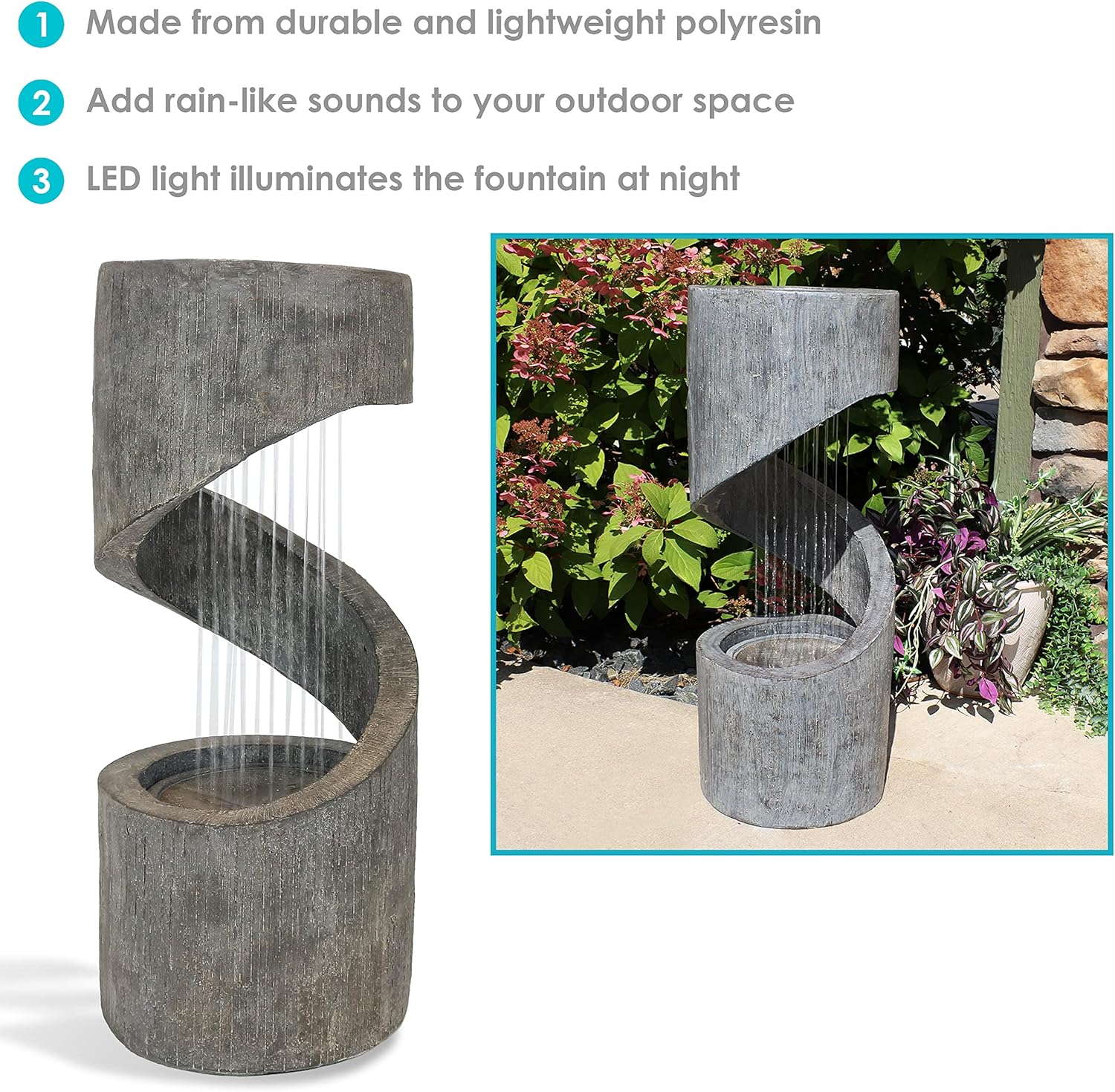 Sunnydaze Outdoor Water Fountain - Showering Spiral Water Fountain Feature - LED Light - Patio, Backyard, Garden Decor - Contemporary Waterfall - 31-Inch Tall : Patio, Lawn & Garden