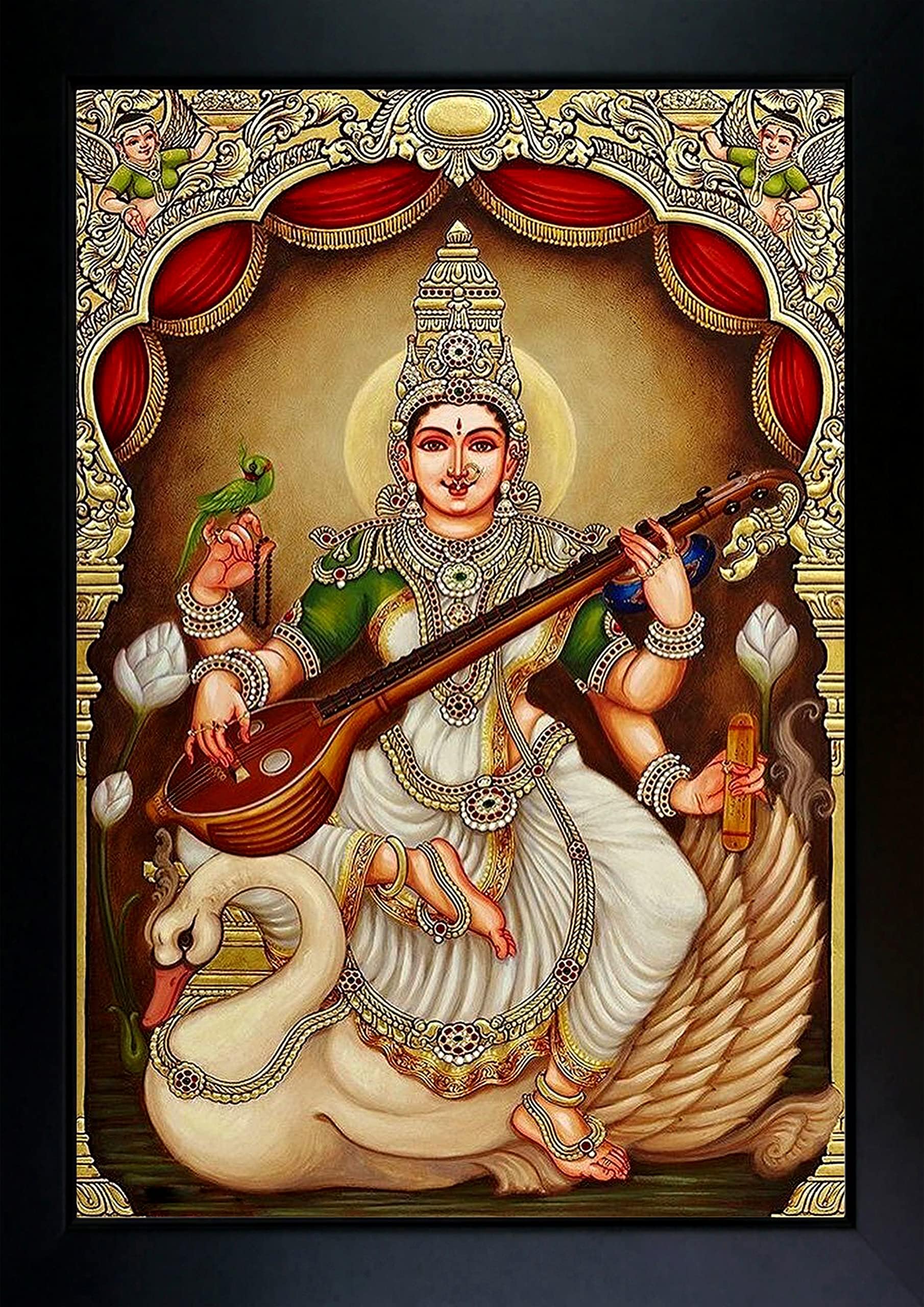 Saraswati Mata Square Rectangular Photo Frame Wxh:(10 X 14 Inch) Pooja Room & Wall Dacor ,Wood ,Multicolor