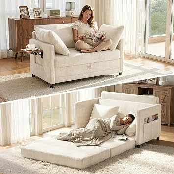 Convertible Sofa Bed with Foldable Side Table, 51" Pull Out Sleeper Couch, Solid Wood Frame, Futon Sofa Bed for Small Spaces, Living Room, Apartment, with Back Cushion & 2 Pillows, Beige