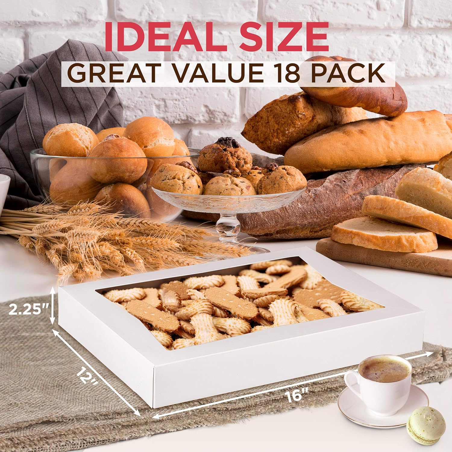 Buy 2 get 3 [18 Pack] 16x12x2.25” White Bakery Box with Window - Holds 12 Donuts, Auto-Popup Cardboard Gift Packaging and Baking Containers, Cookies, Brownies, Pastry and Bread Boxes