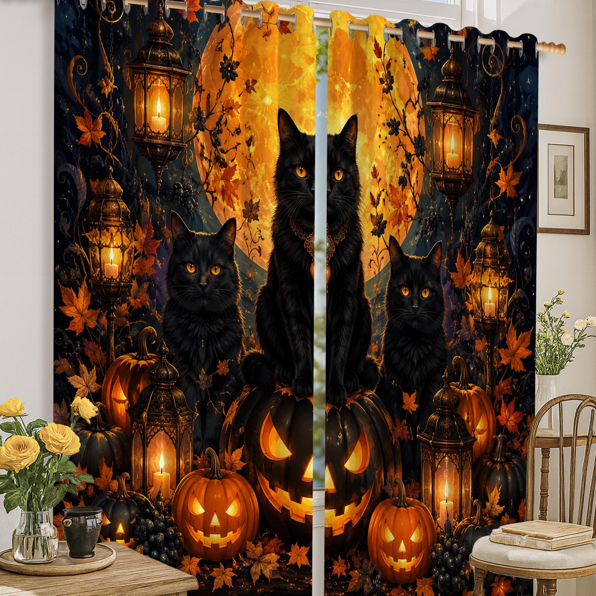 Rideaux occultants chat d'Halloween pour l'ambiance cosy de votre salon noir