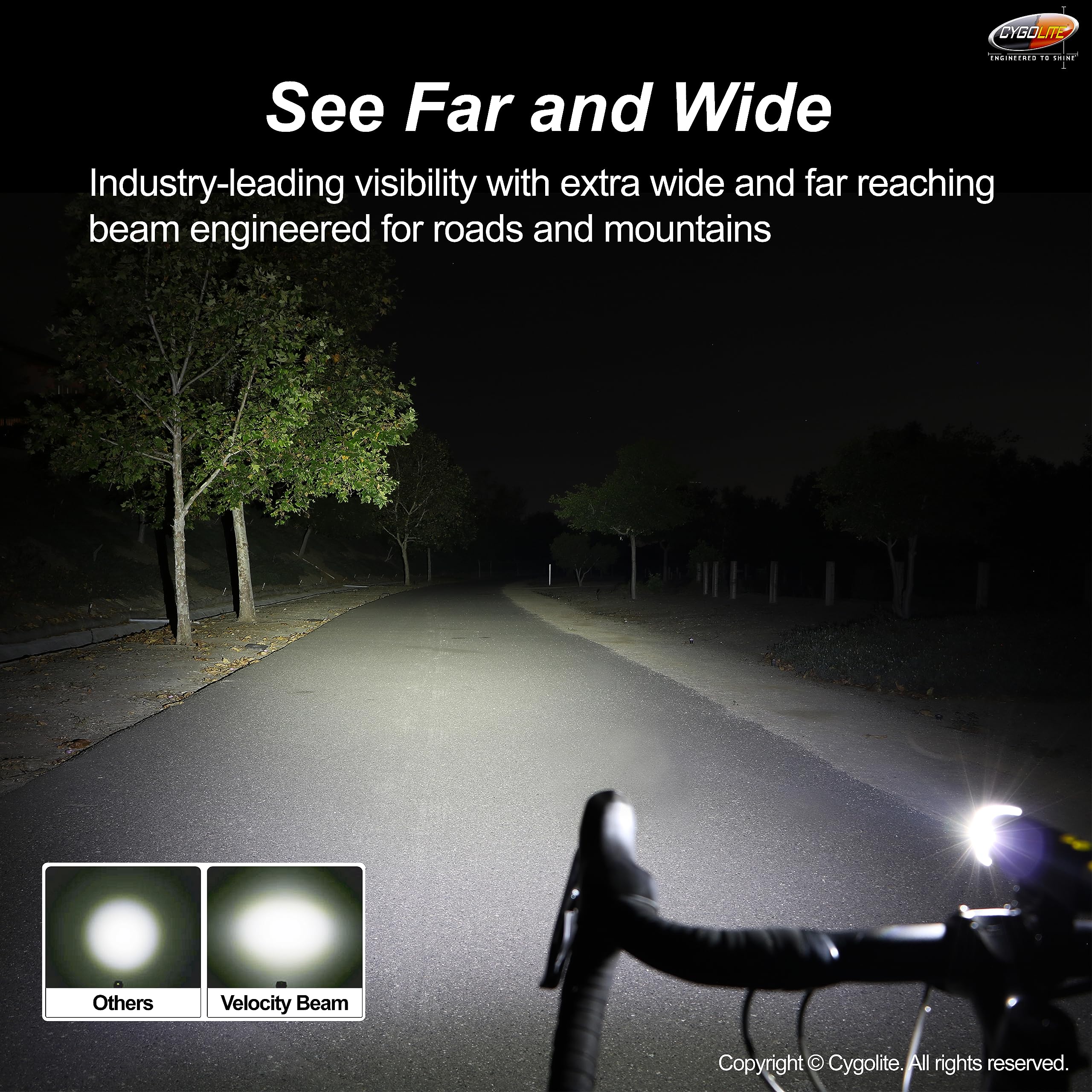 Cygolite Velocity SL Lampe de vélo 1000 lumens en alliage d'aluminium anodisé, 9 modes d'éclairage, luminosité réglable fine, étanche IP67, support rigide sécurisé, recharge USB-C, vélos de route,