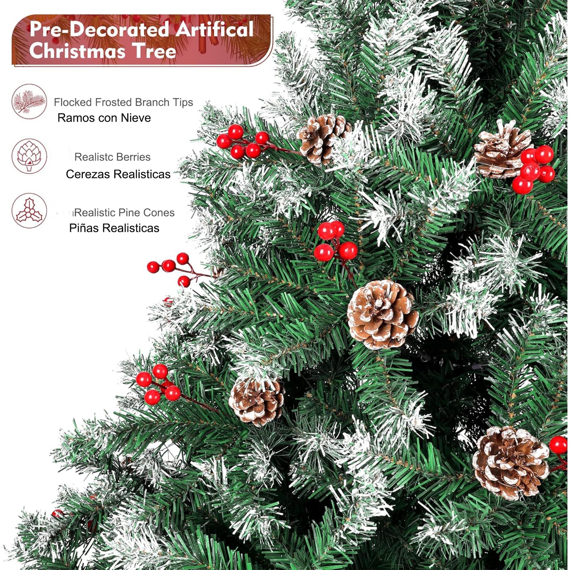 Arbol de Navidad Plegable con Decoracion Piña Frutos Rojos y Nieve, Arbol Navidad Artificial Fibra Natural Verde Robusto con Soporte de Pie Metal Fácil Montaje para Exterior e Interior (180cm 720Tips)