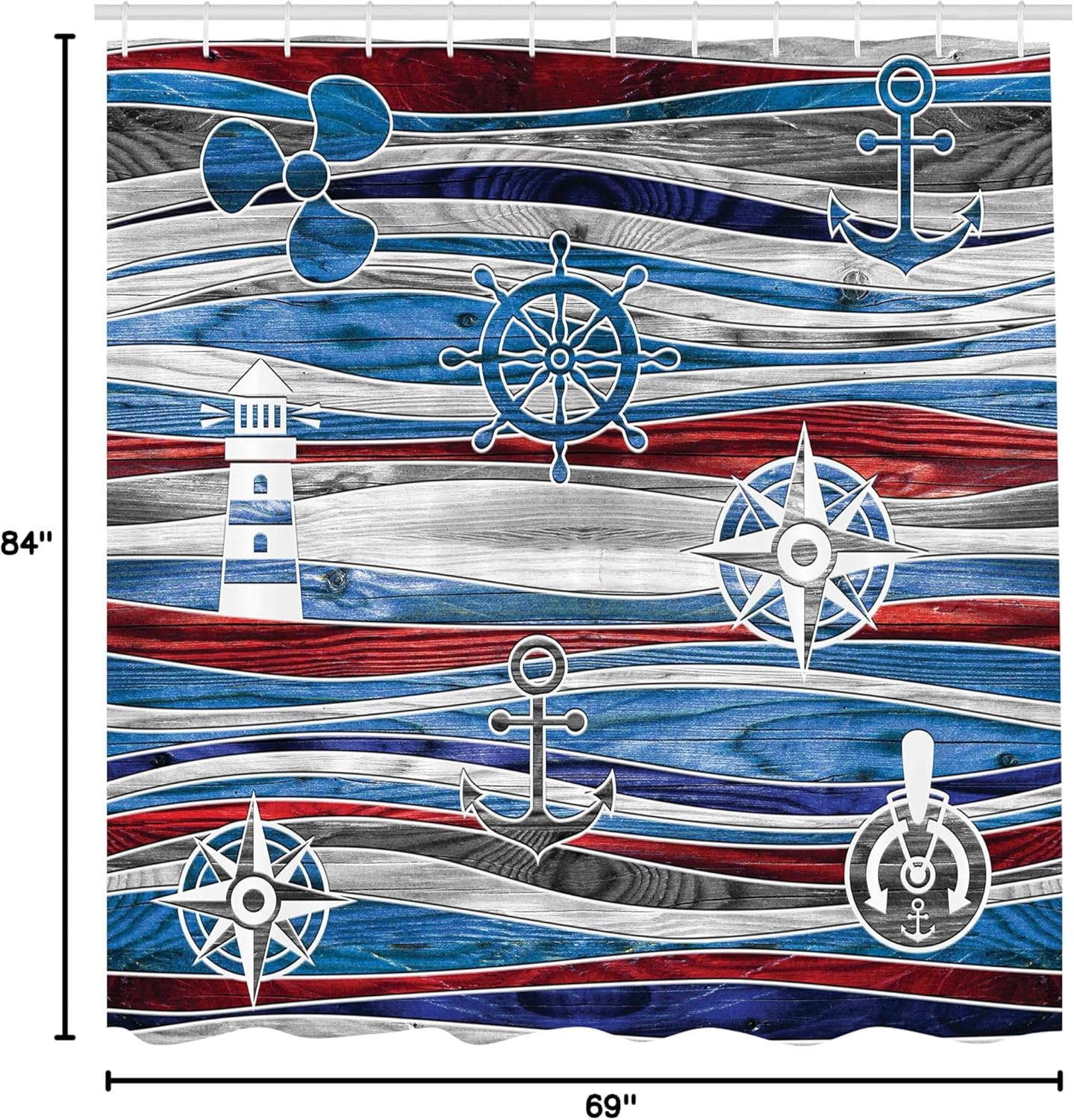 Ambesonne Anchor Shower Curtain, Boat Near by The Lighthouse with a Steering Wheel of a Ship Compass and Waves on The Background, Cloth Fabric Bathroom Decor Set with Hooks, 69" W x 84" L, Grey Red