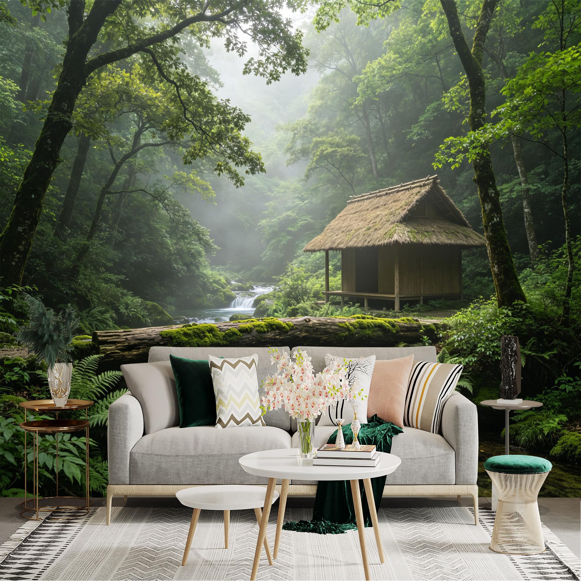 Custom Size Wall Sticker Mural， Japanese Forest Cabin with Stream and Mossy Bridge， for wall Decoration， peelandstick wall Decals.
