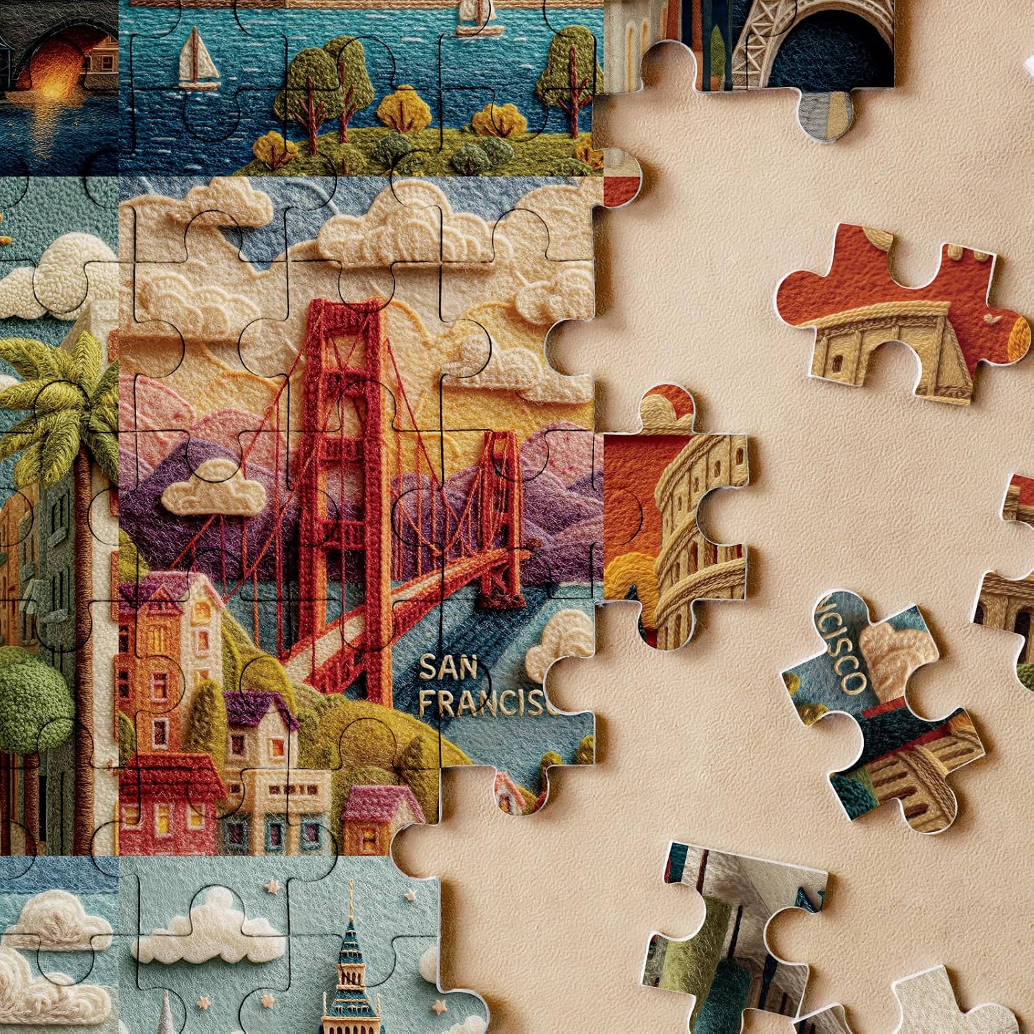 World Travel Landmarks Puzzles for Adults 1000 Pieces. Felt Style Landscape Poster Jigsaw Puzzles. Challenging New York, London, Paris Scenery Art Puzzles