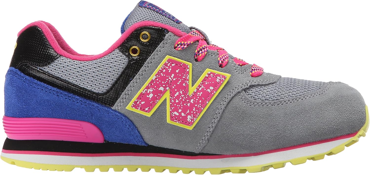 New Balance Unisex-Child 574 V1 Lace Up Sneaker Big Kid (8-12 Years) 4 Big Kid Grey/Pink/Yellow