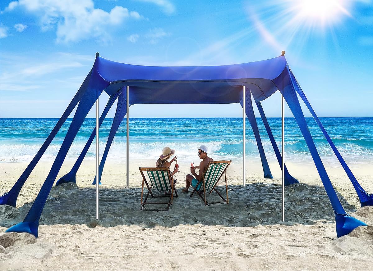 Vibemo Beach Tent, Beach Canopy Sun Shade with UPF50+ UV Protection, 10x10ft, Includes 8 Sandbags, Sand Shovel, Ground Pegs & 4 Stability Poles, Pop Up Sun Shelter for Camping, Picnics, Backyard Fun