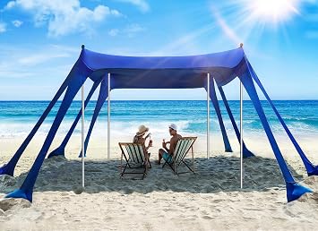 Vibemo Beach Tent, Beach Canopy Sun Shade with UPF50+ UV Protection, 10x10ft, Includes 8 Sandbags, Sand Shovel, Ground Pegs & 4 Stability Poles, Pop Up Sun Shelter for Camping, Picnics, Backyard Fun