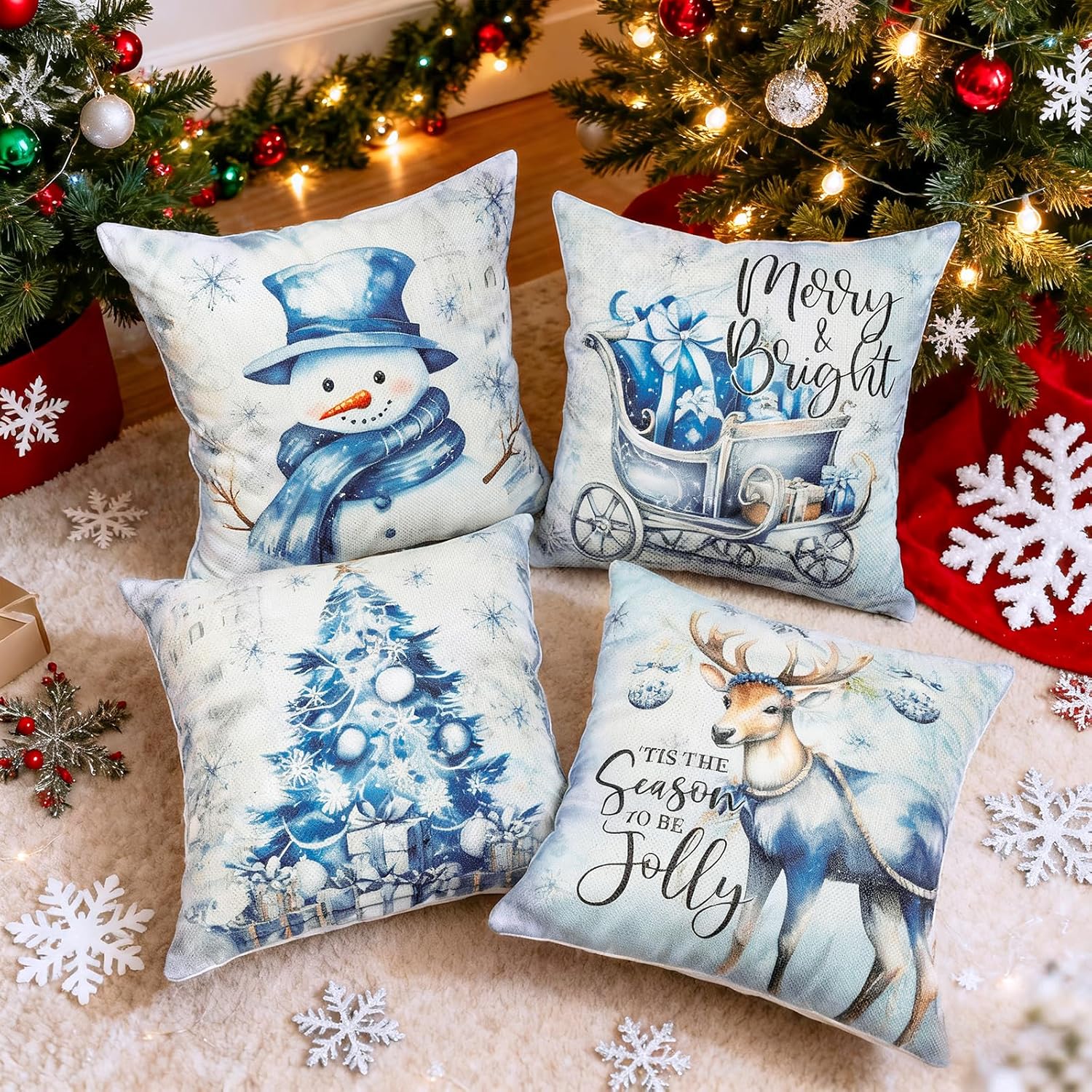 Christmas Throw Pillow Covers 16x16 Set of 4,Merry Christmas Tree Reindeer Sleigh Snowman Blue and White Xmas Winter Holiday Decorative Pillowcase Farmhouse Home Decor for Sofa Couch Cushion - Image 2