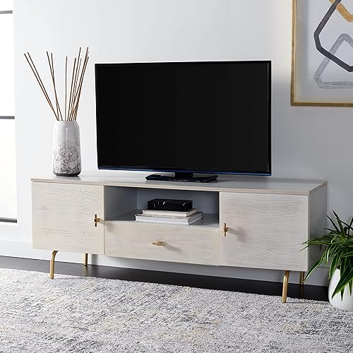 Miniatura 65 de SAFAVIEH Genevieve - Soporte de TV para pantalla plana de hasta 65 pulgadas, acabado lavado en blanco y negro, gabinete de almacenamiento moderno de