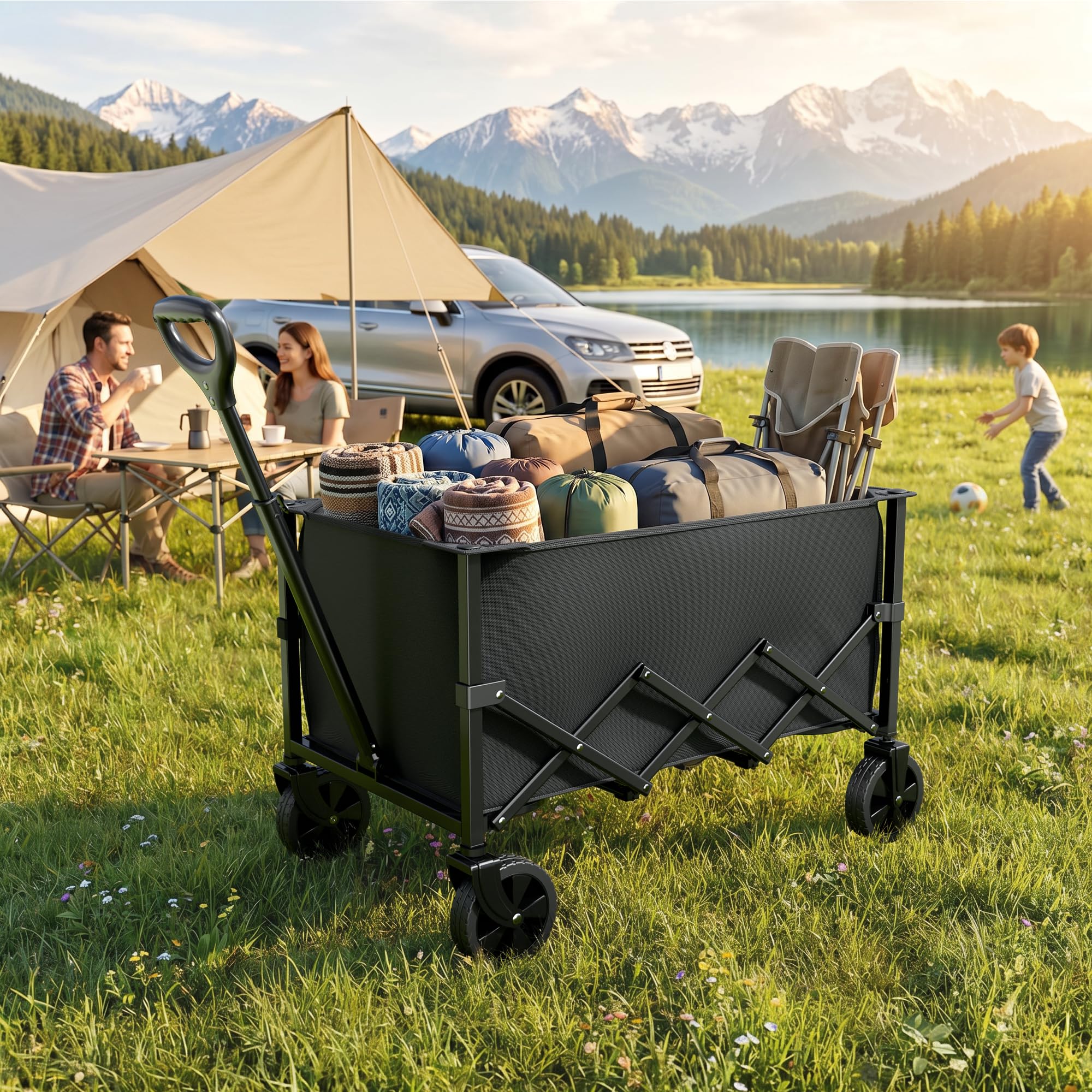 RYGEO Carrello da 100 litri su ruote, carro pieghevole, portatile da campeggio, carrello pieghevole per spiaggia, giardino, picnic, shopping, pesca, manico regolabile, nero