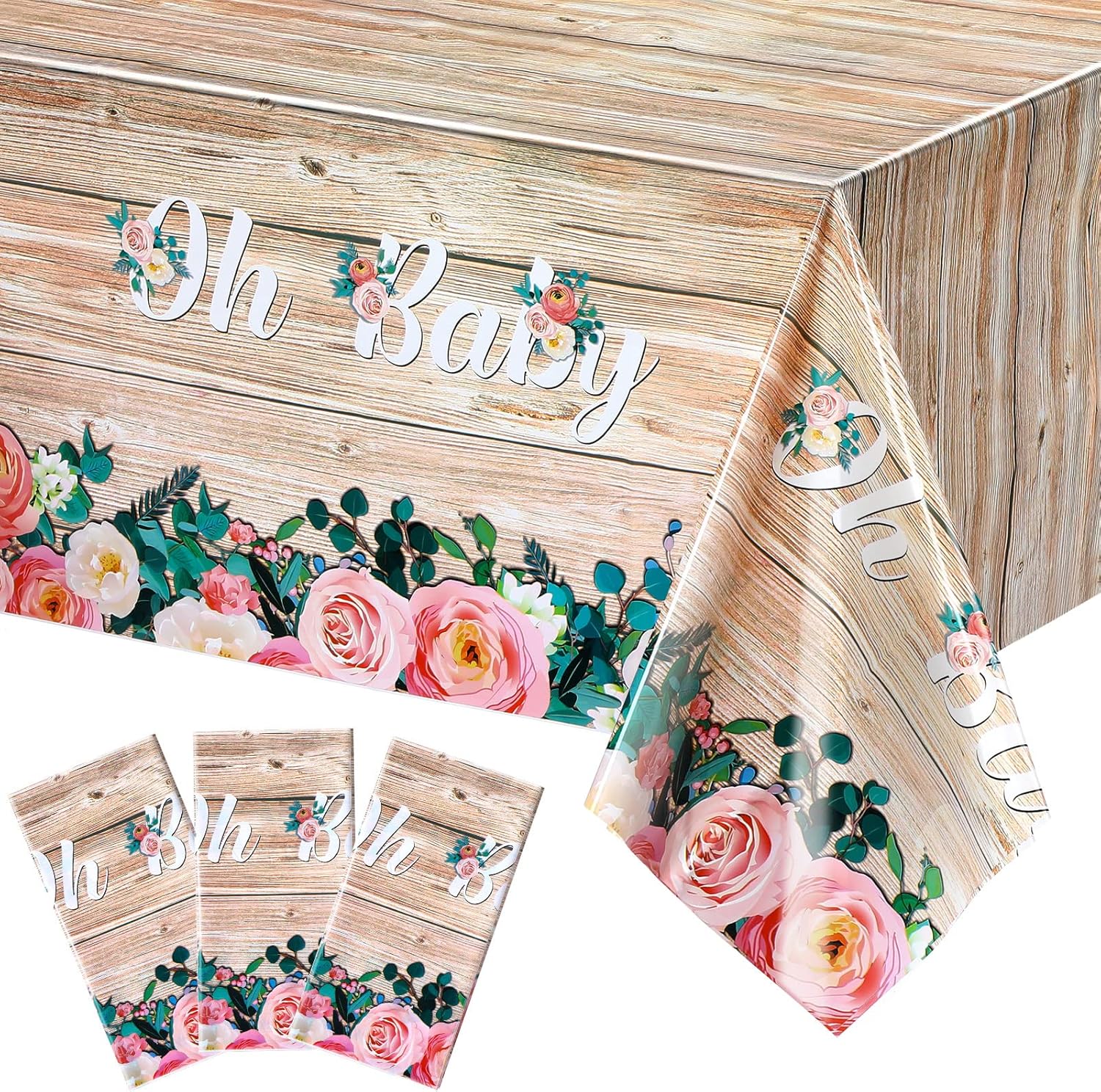 3 Pieces Rustic Wood Baby Shower Tablecloths, Plastic