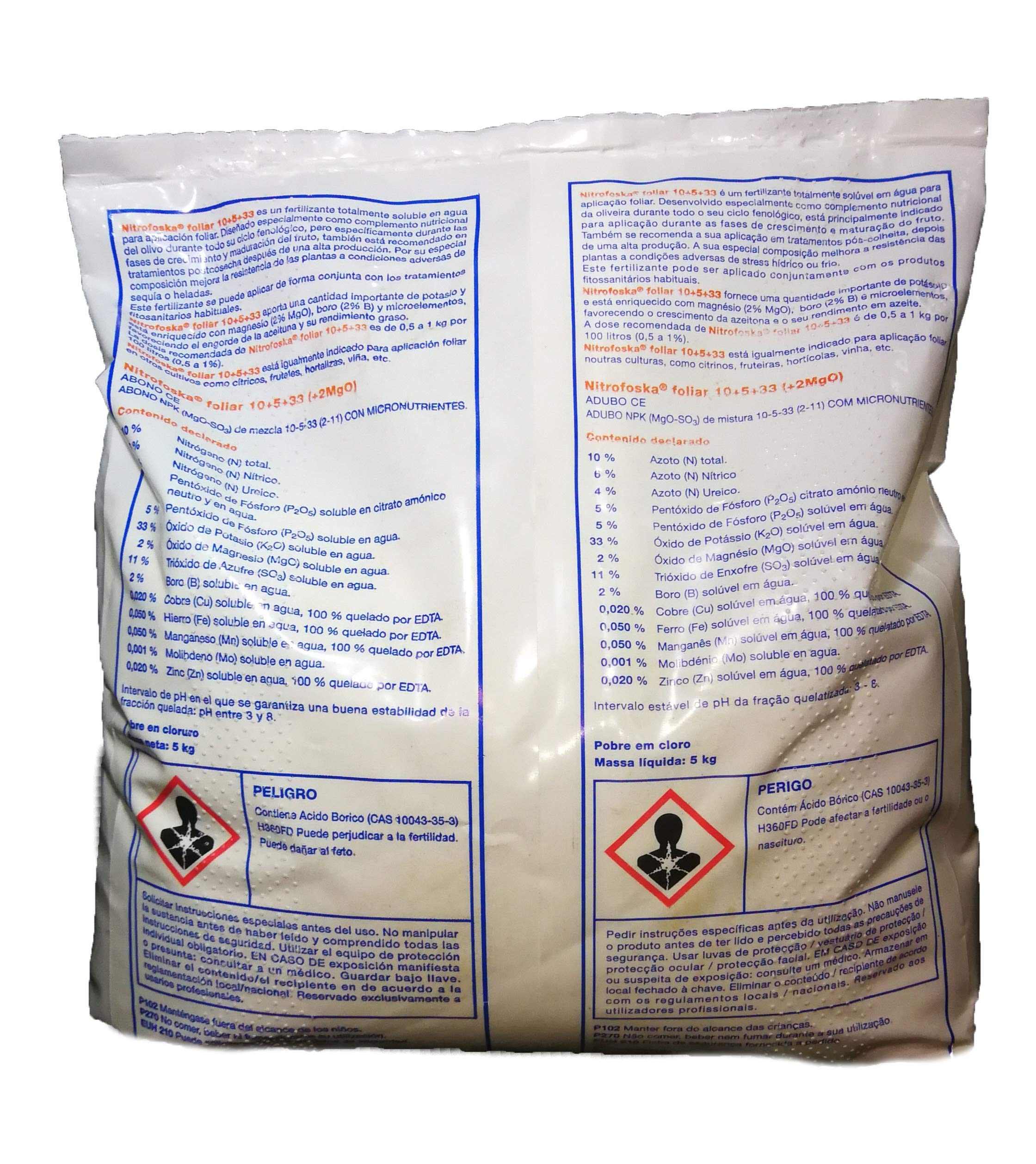 Nitrofoska Abono foliar 10-5-33. 5 Kilos. Otoño y brotacion. Fertilizante potasico.Abono foliar para olivos