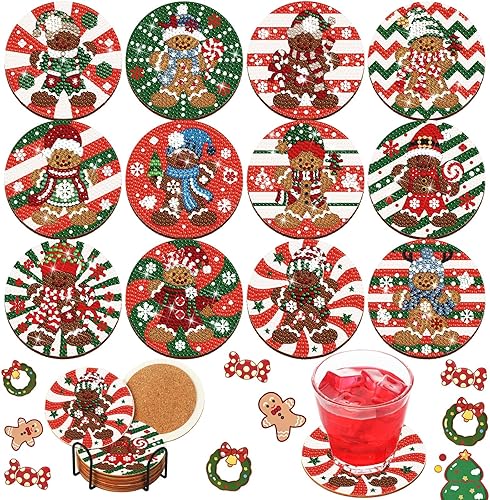 12 posavasos de arte de diamantes de Navidad, de hombre de jengibre, con soporte, kit de pintura de diamante de Navidad, acrílico de diamante,